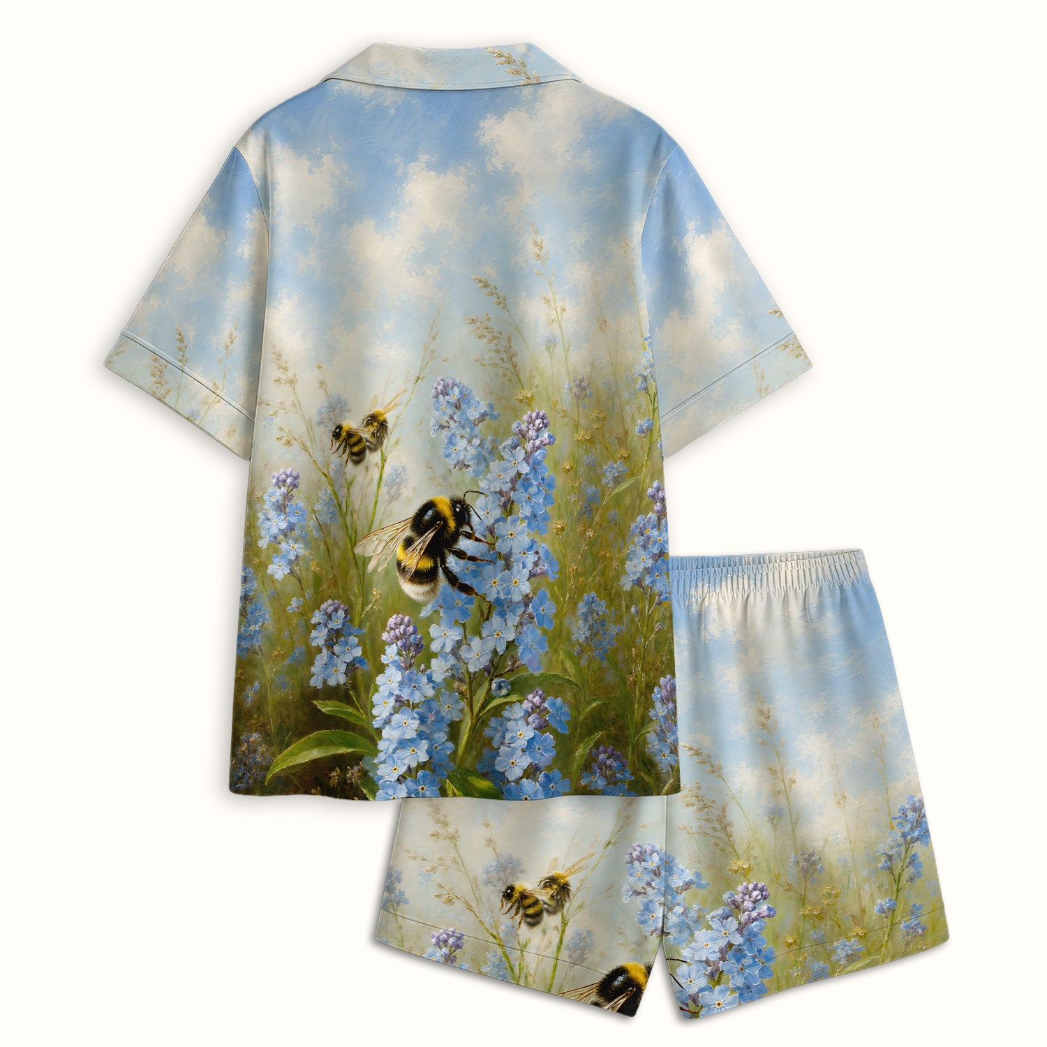 Whimsical Bumblebee Blue Blossom Pattern Pajama Set, Soft Breathable Fabric Comfortable Sleepwear