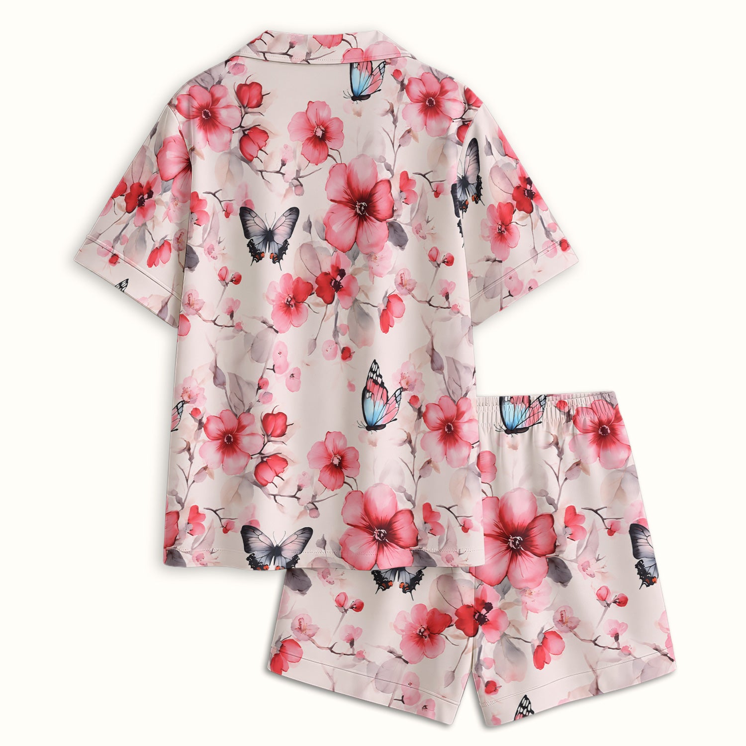 Pink Butterfly Blossom Pattern Pajama Set, Soft Breathable Fabric Comfortable Sleepwear
