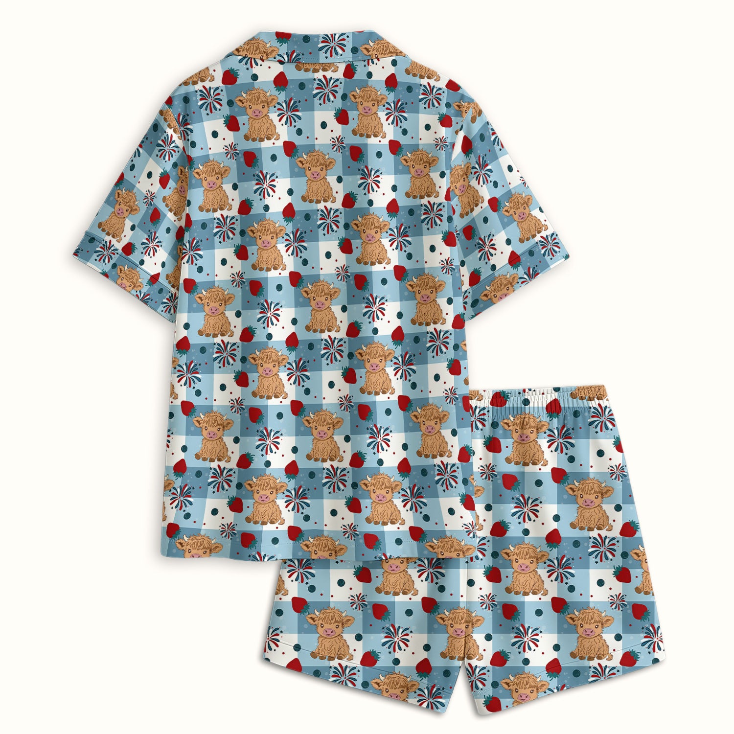 Highland Cow Strawberry Firework Gingham Pattern Pajama Set, Soft Breathable Fabric Comfortable Sleepwear