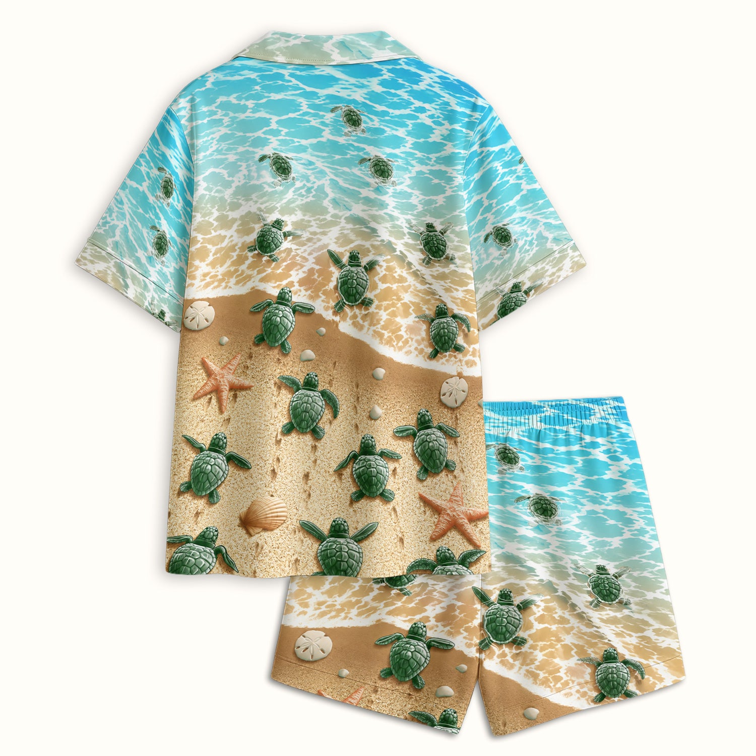 Coastal Sea Turtle Beach Pattern Pajama Set, Soft Breathable Fabric Comfortable Sleepwear