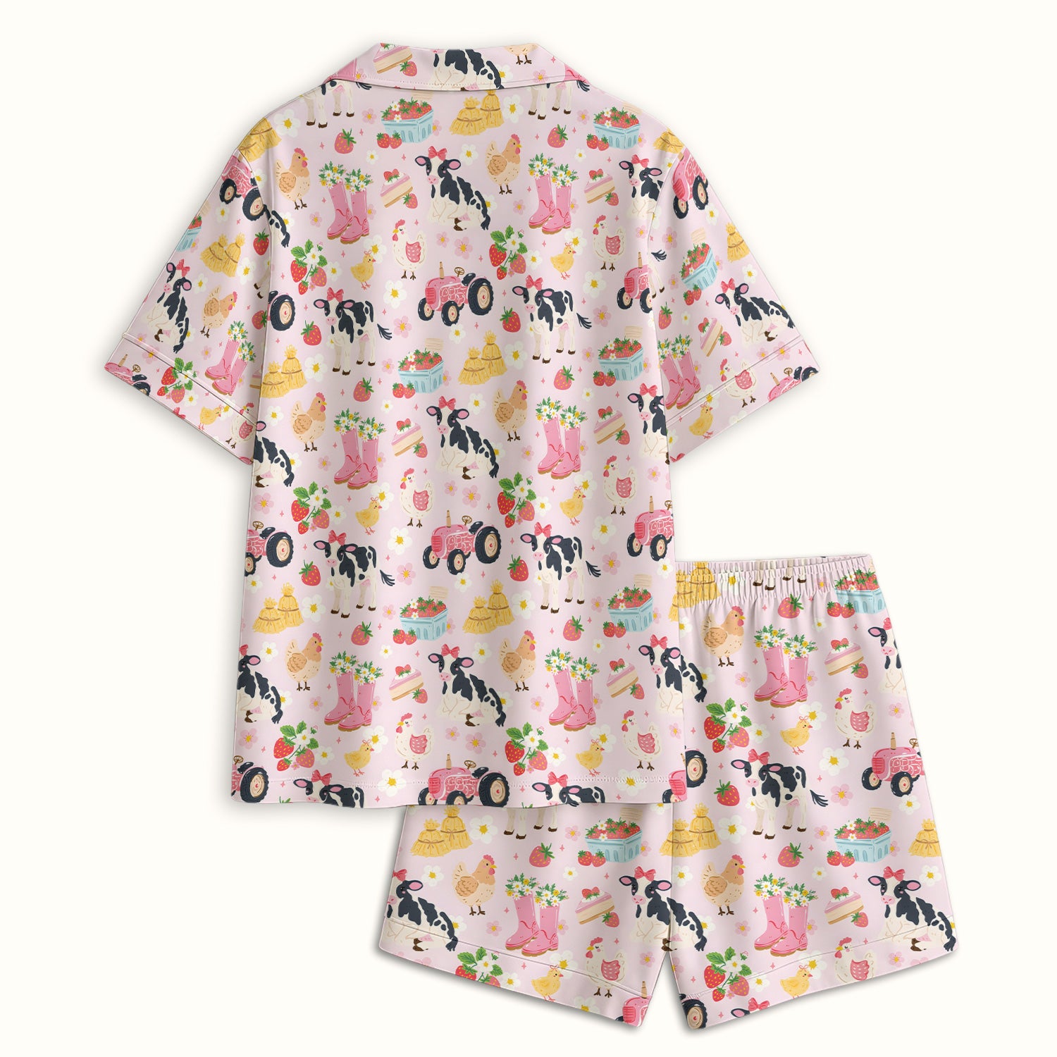 Cute Farm Animals & Strawberry Garden Pattern Pajama Set, Soft Breathable Fabric Comfortable Sleepwear