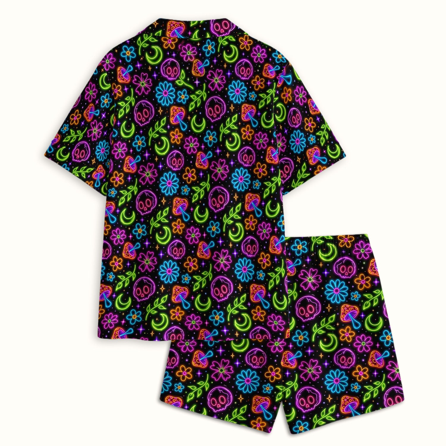 Neon Skull Mushroom Floral Pajama Set, Colorful Gothic Fabrics Uniform