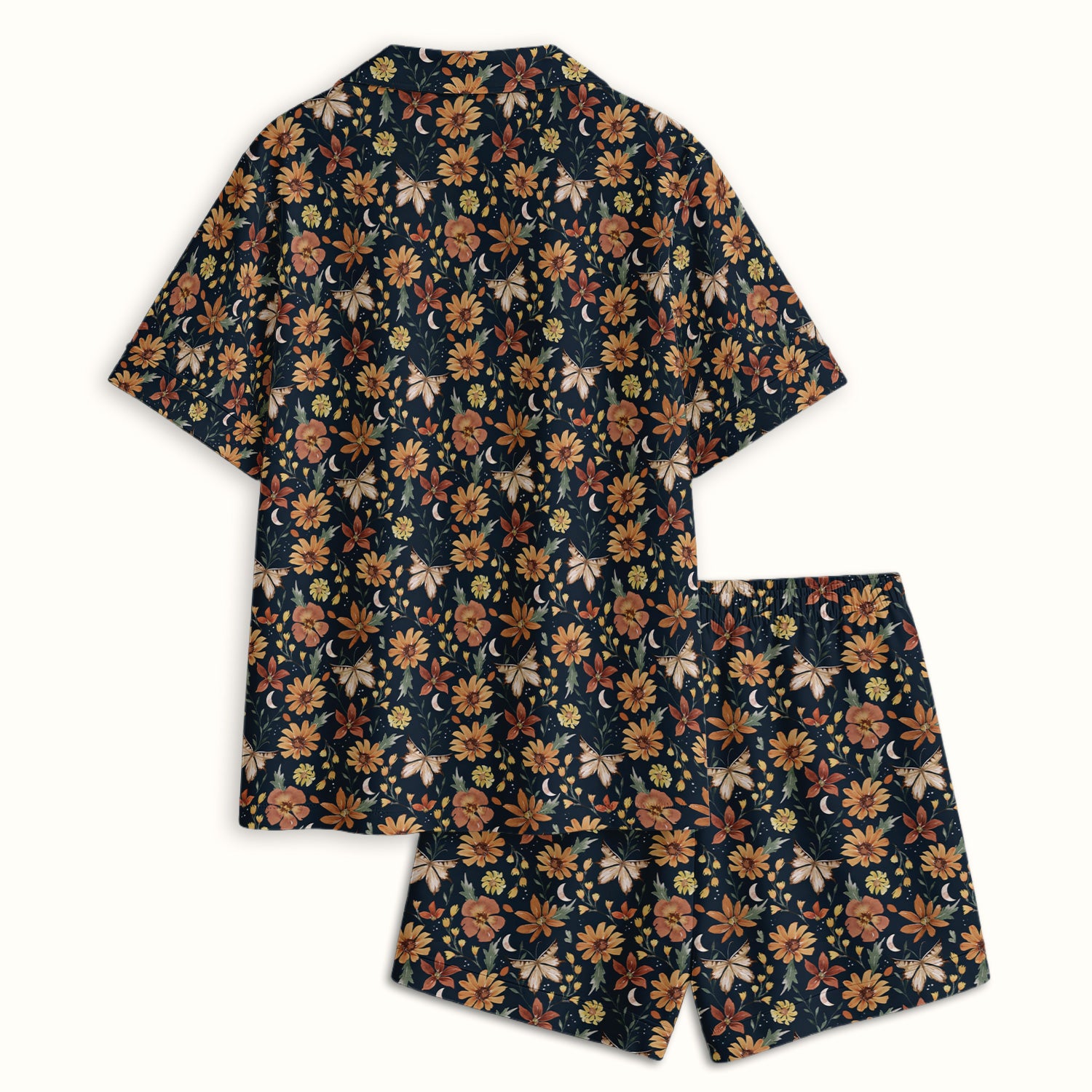 Charming Autumn Floral Butterfly Moon Pattern Pajama Set, Soft Breathable Fabric Comfortable Sleepwear