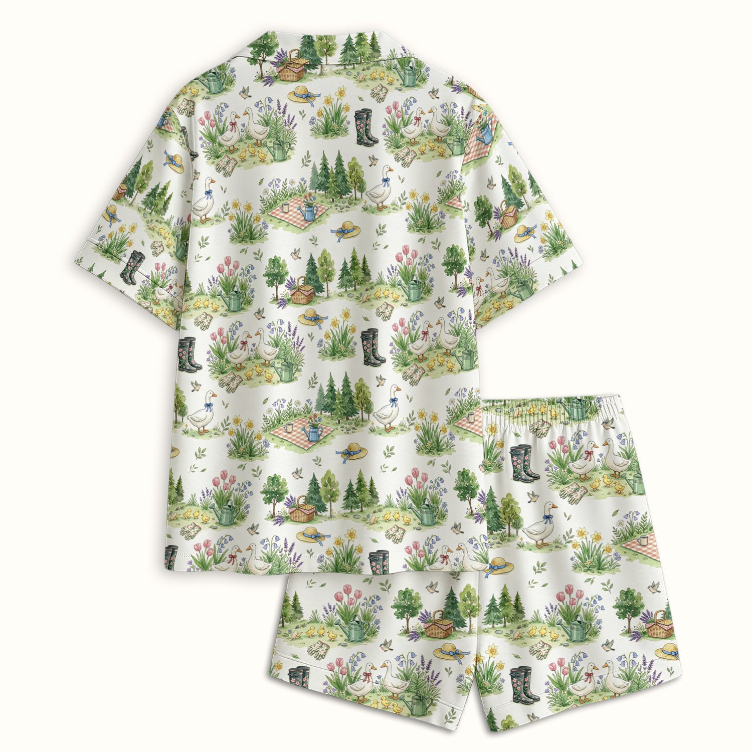 Cute Duck Garden Pattern Pajama Set, Breathable Fabrics Uniform