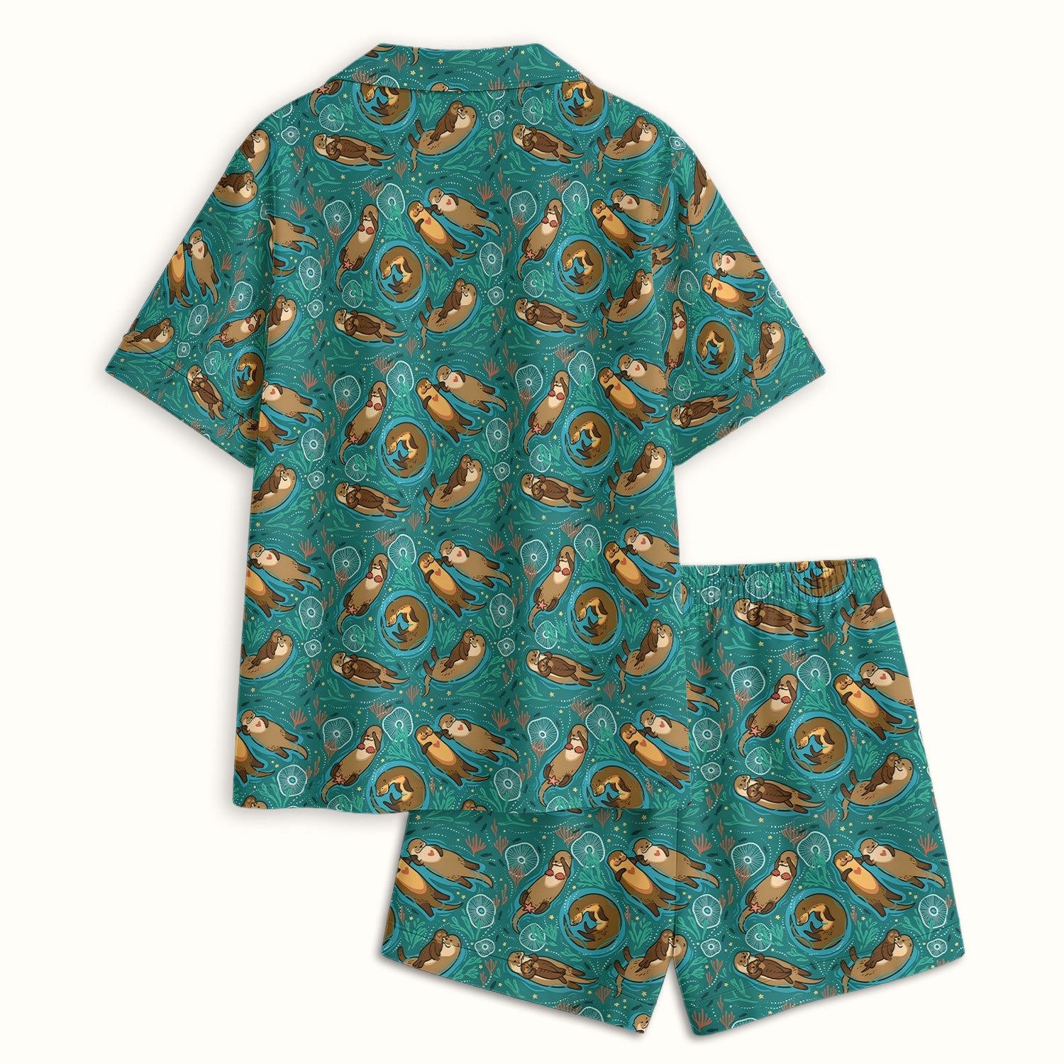Sea Otter Floating Ocean Pattern Pajama Set, Soft Breathable Fabric Comfortable Sleepwear
