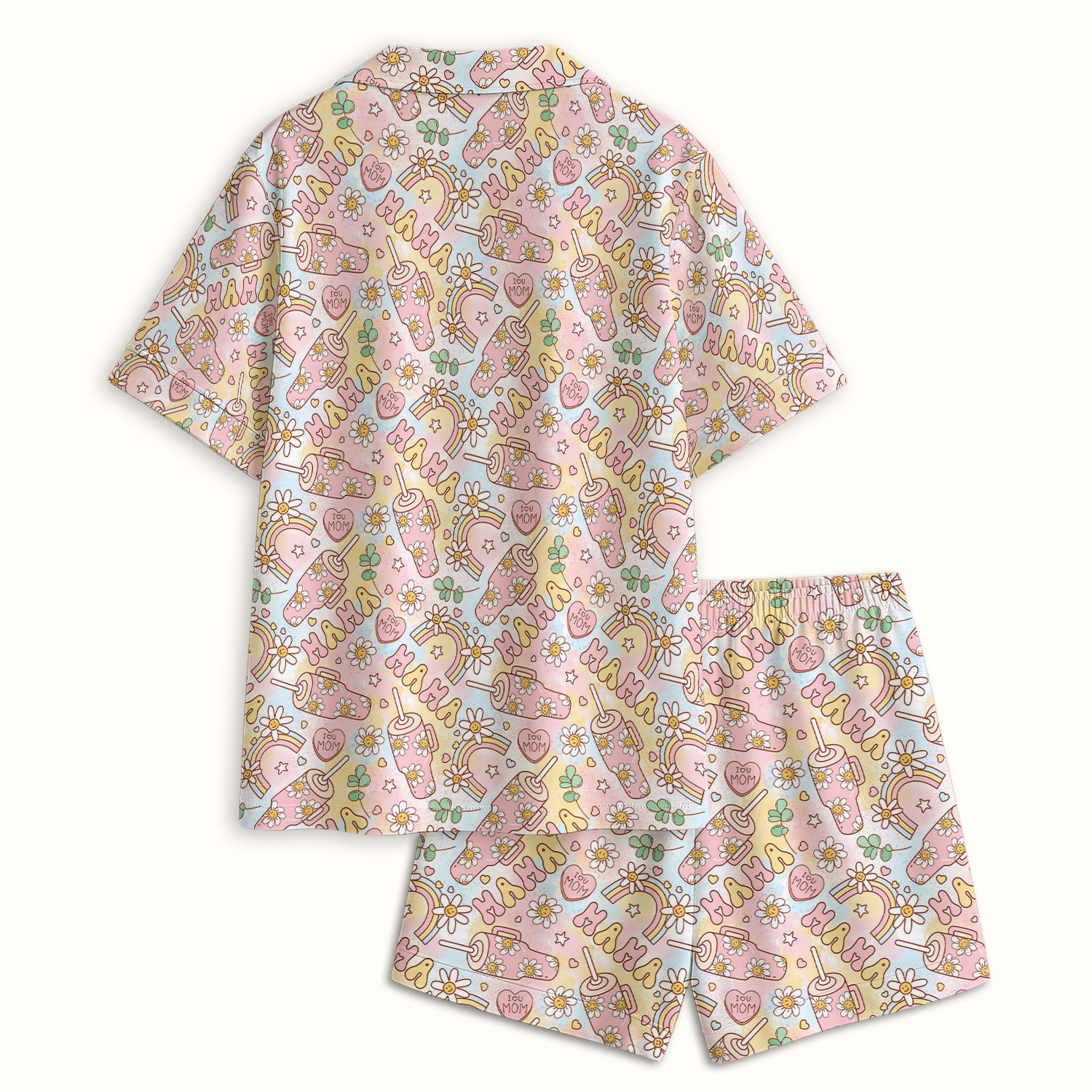 Sweet Nurse Mama Daisy Rainbow Pattern Pajama Set, Soft Breathable Fabric Comfortable Sleepwear