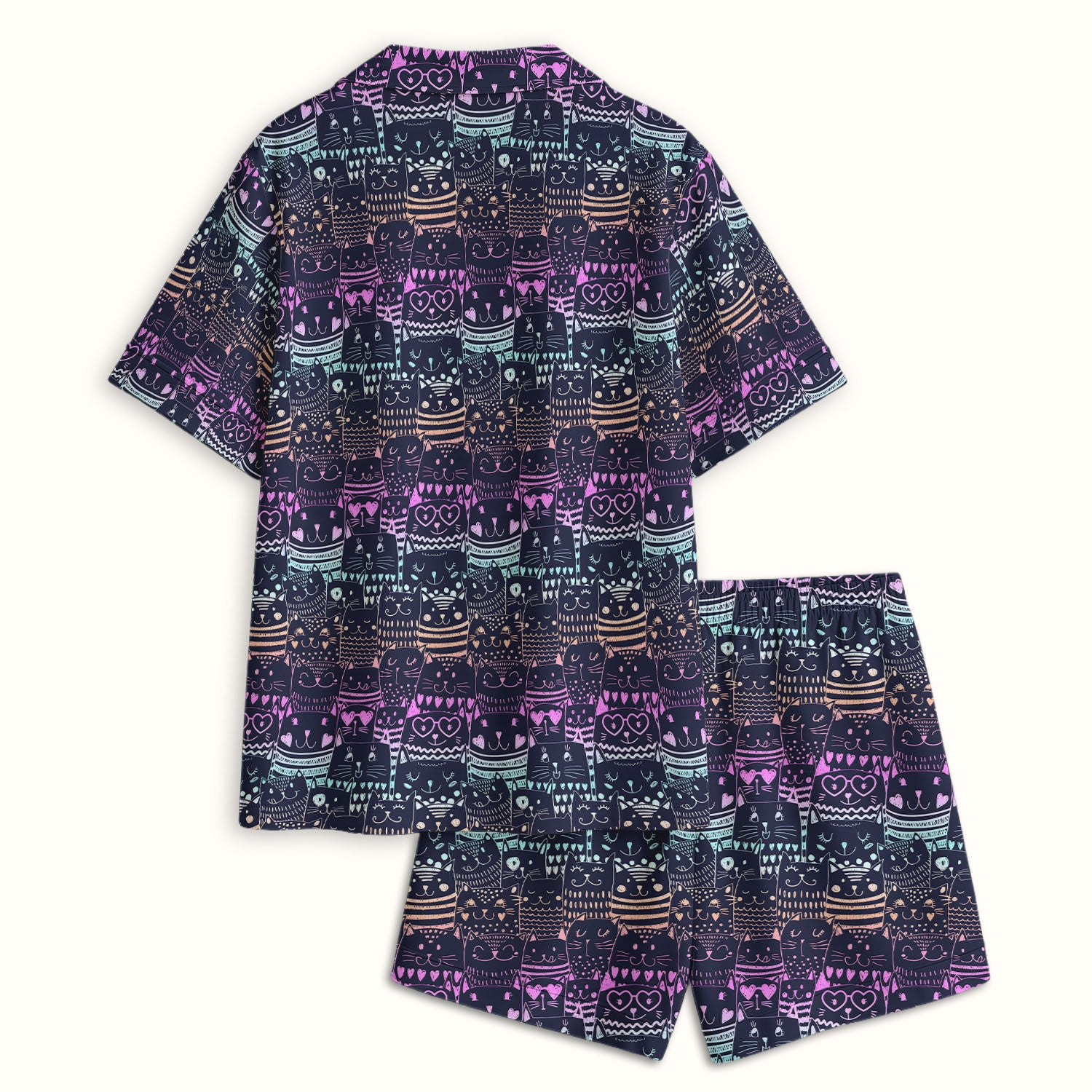 Cute Neon Cat Faces Pattern Pajama Set, Soft Breathable Fabric Comfortable Sleepwear