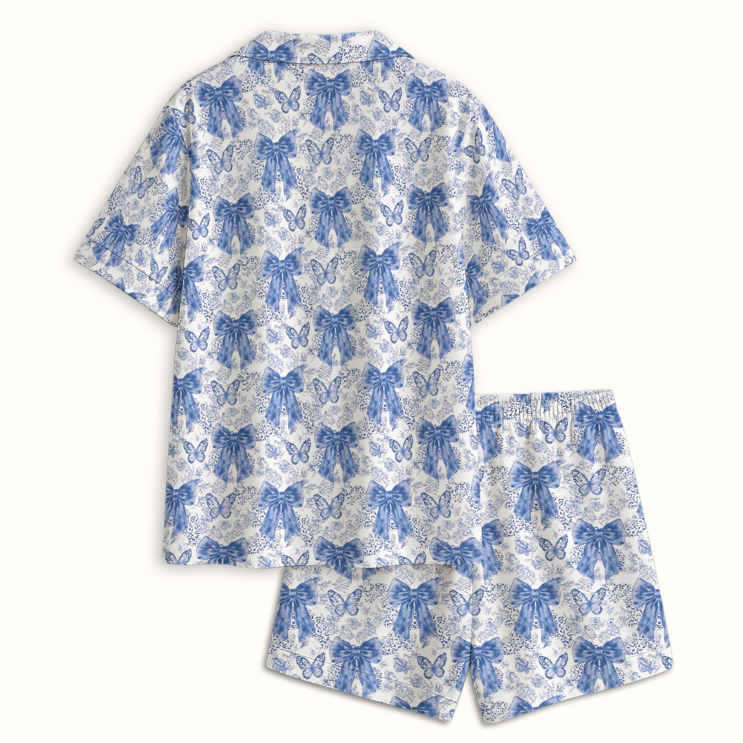 Blue Bow And Butterfly Vintage Floral Pajama Set, Breathable Fabrics Uniform