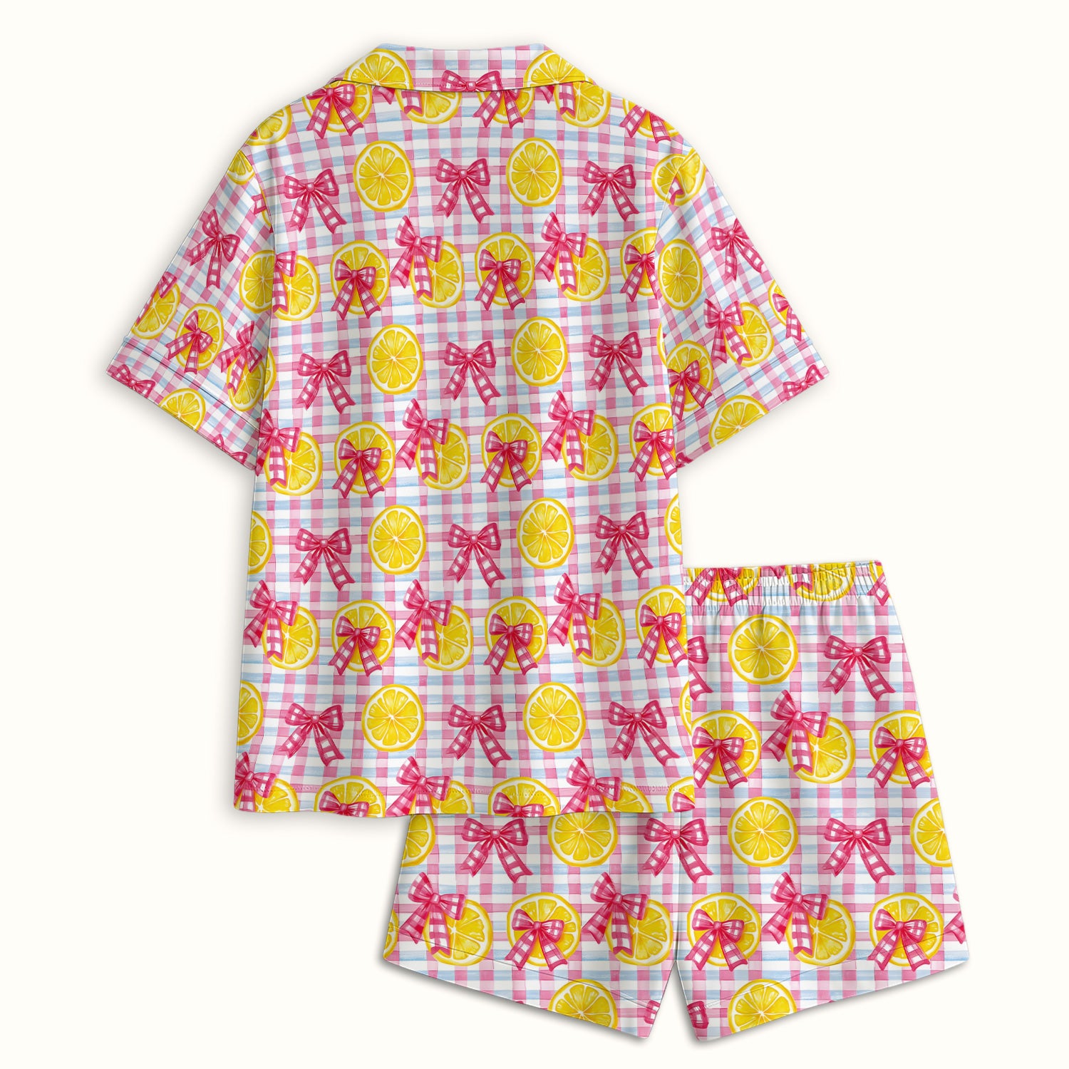 Cute Lemon Slice Pink Bow Gingham Pattern Pajama Set, Soft Breathable Fabric Comfortable Sleepwear