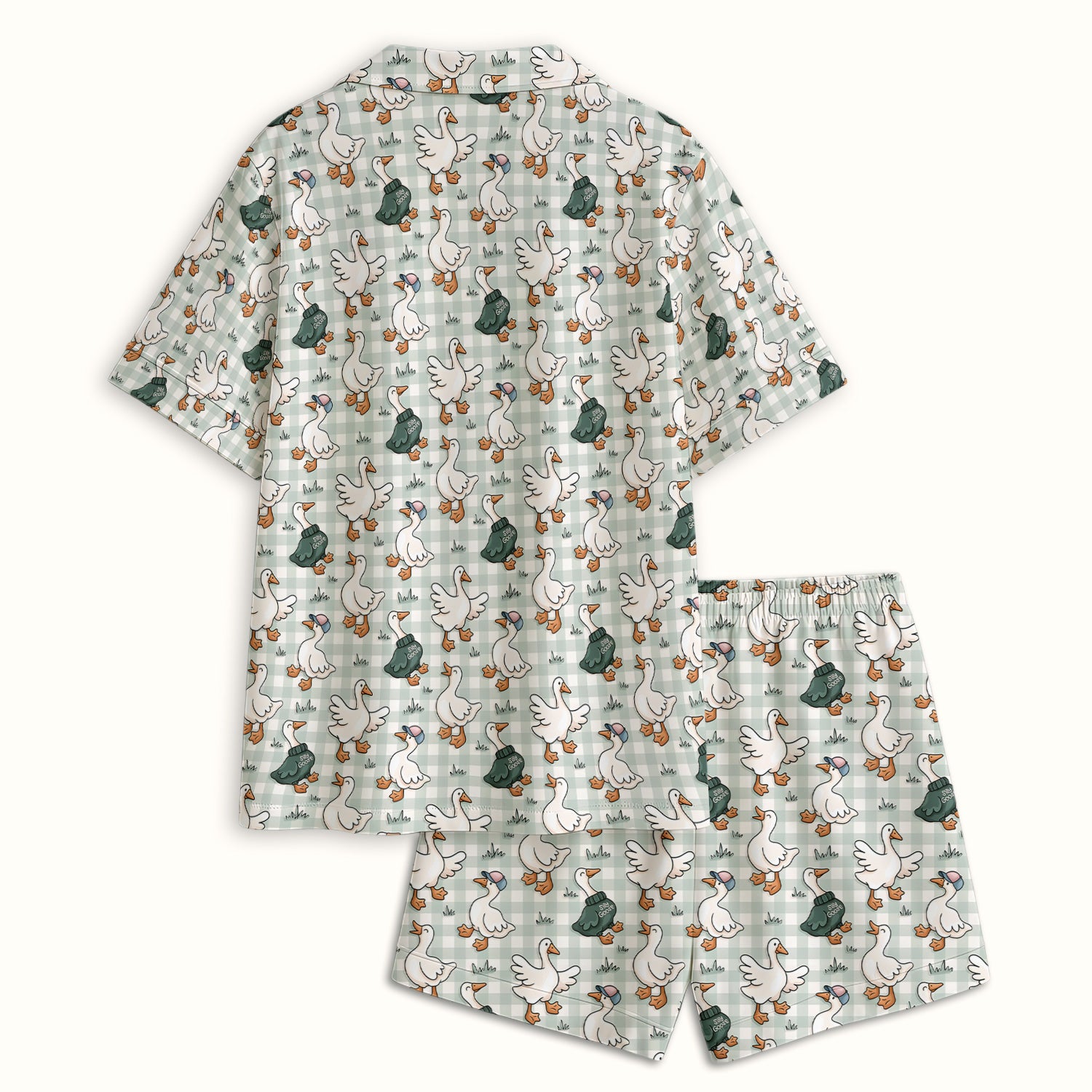 Funny Goose Wearing Sweater On Plaid Background Pattern Pajama Set, Soft Breathable Fabric Comfortable Sleepwear