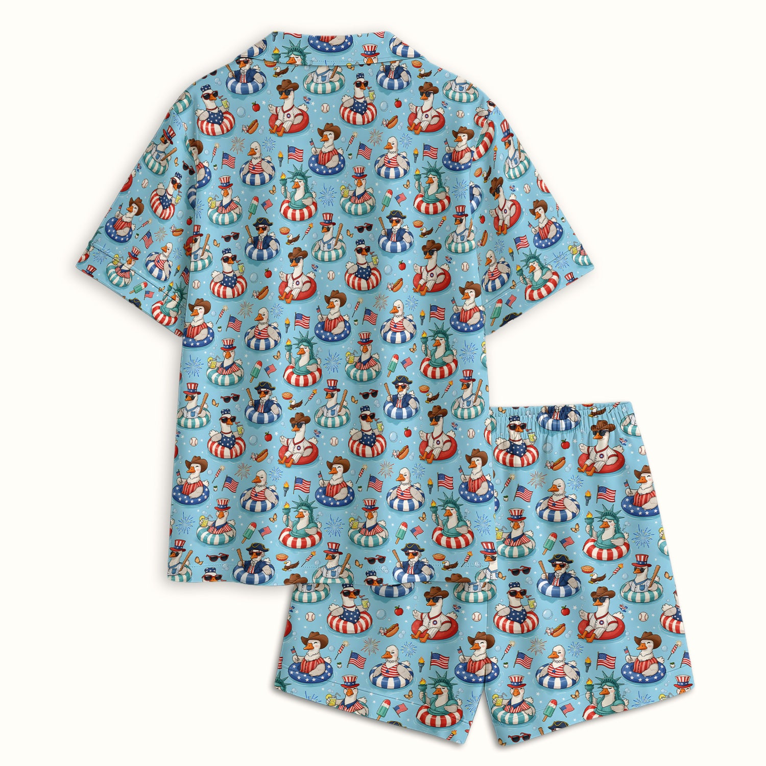 Funny Patriotic Duck Pool Party Pattern Pajama Set, Soft Breathable Fabric Comfortable Sleepwear