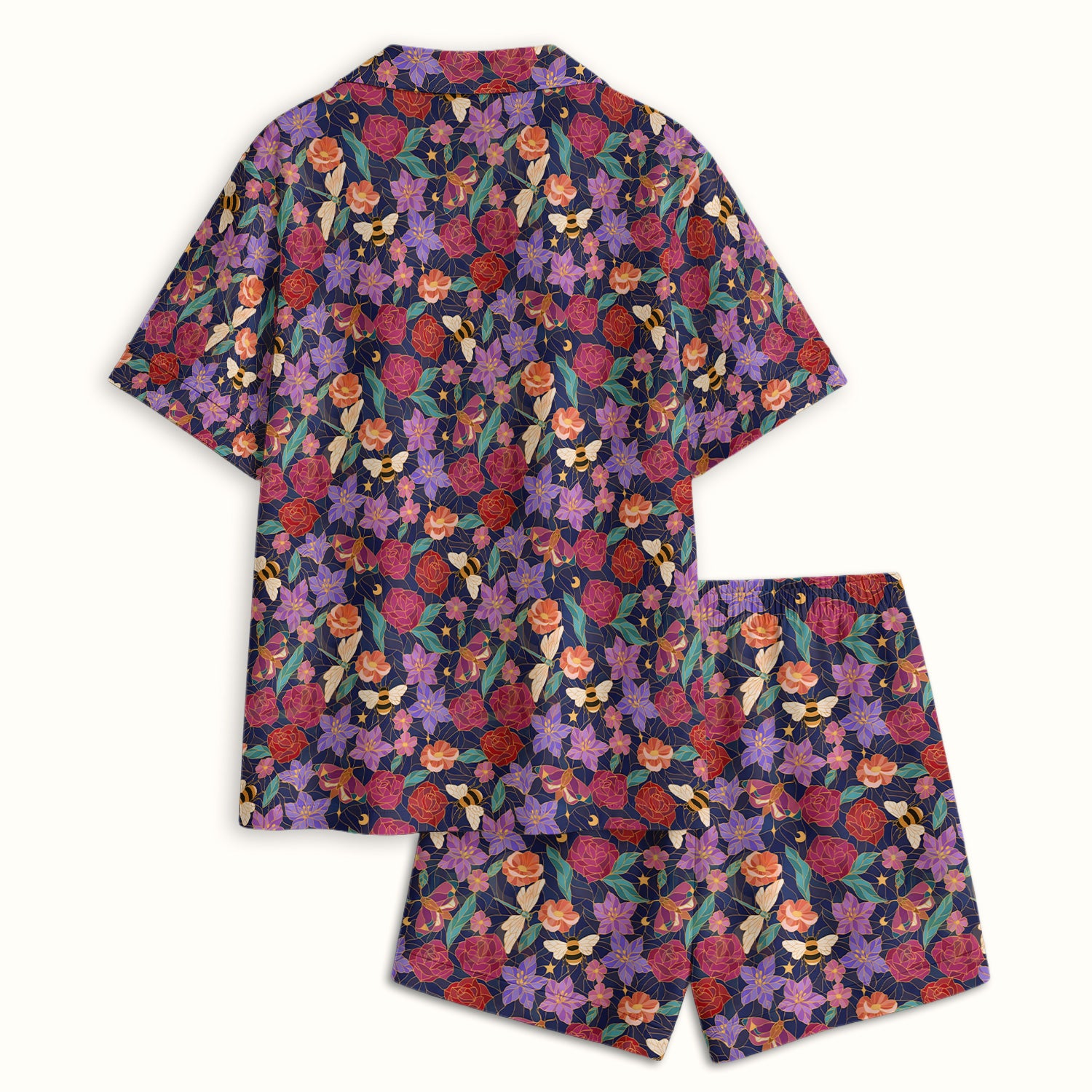 Charming Floral Garden With Bees And Dragonflies Pajama Set, Soft Breathable Fabric Comfortable Sleepwear