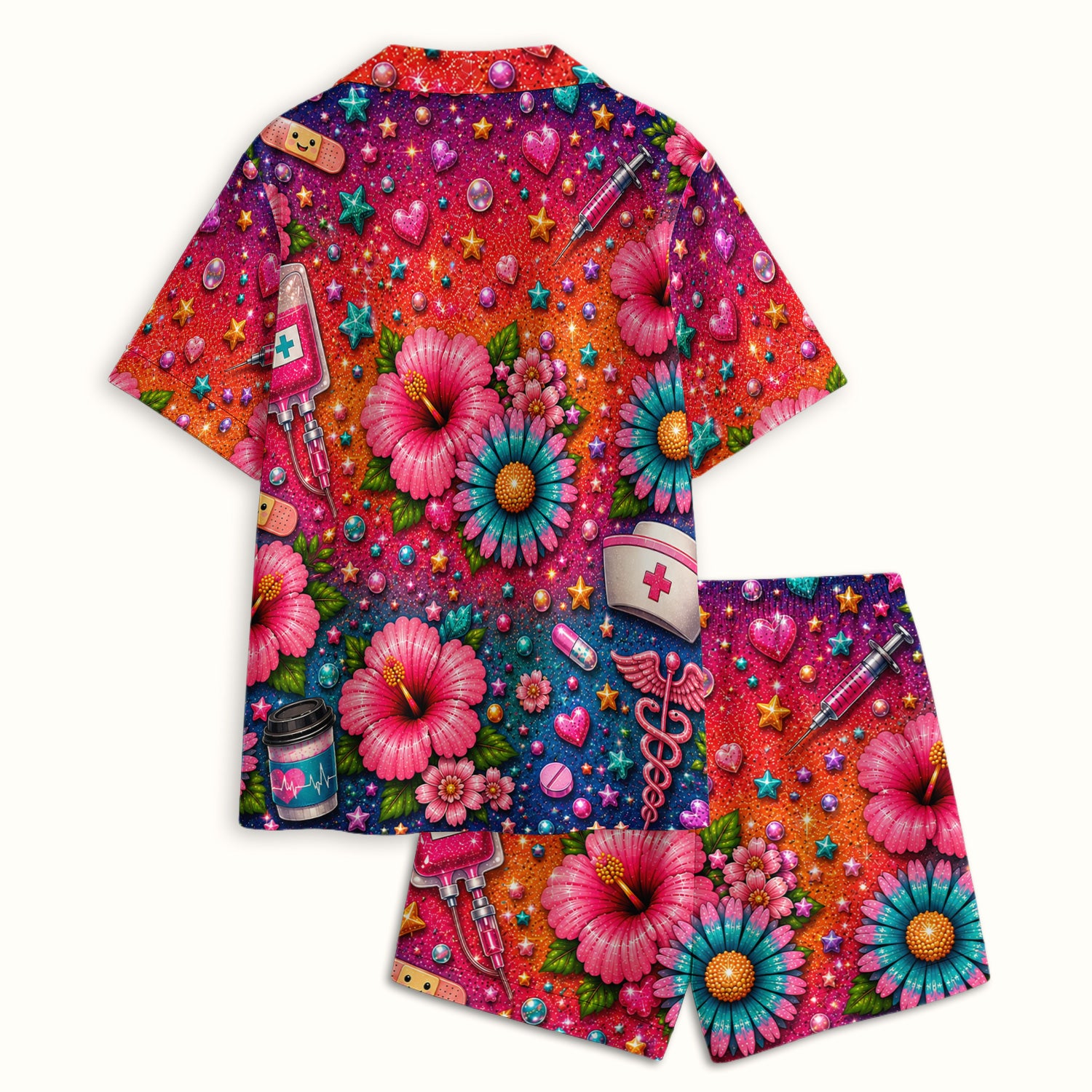 Colorful Nurse Life Heart Pattern Pajama Set, Soft Breathable Fabric Comfortable Sleepwear