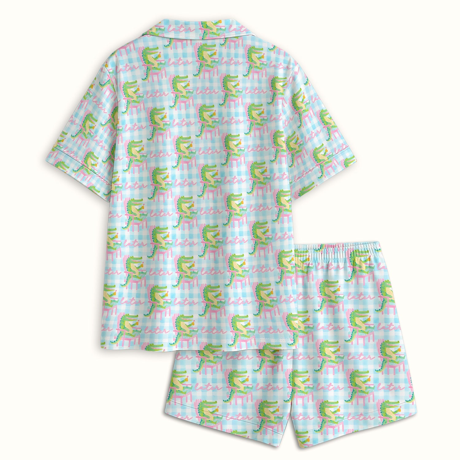 Funny Lazy Crocodile Later Pattern Pajama Set, Soft Breathable Fabric Comfortable Sleepwear