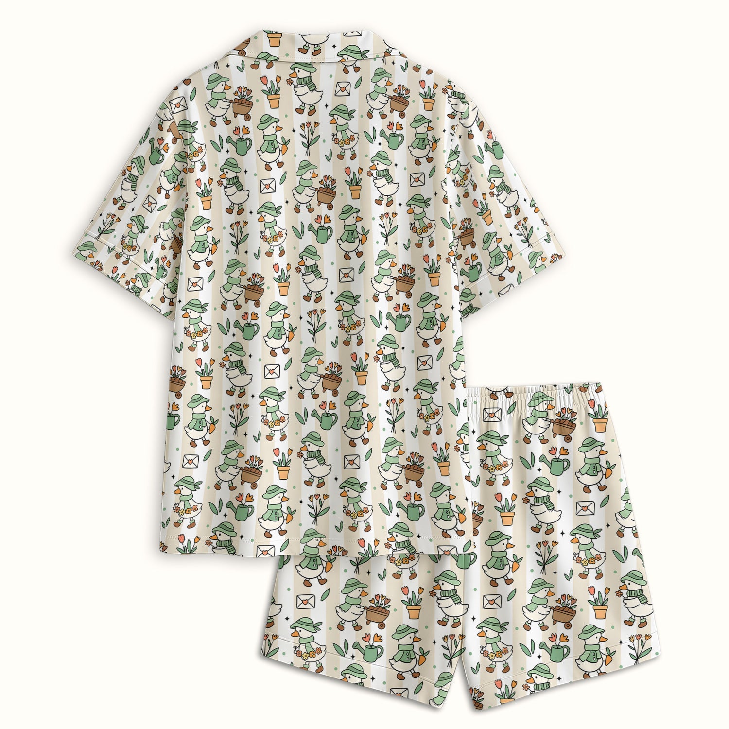 Cute Gardening Duck Floral Pattern Pajama Set, Soft Breathable Fabric Comfortable Sleepwear