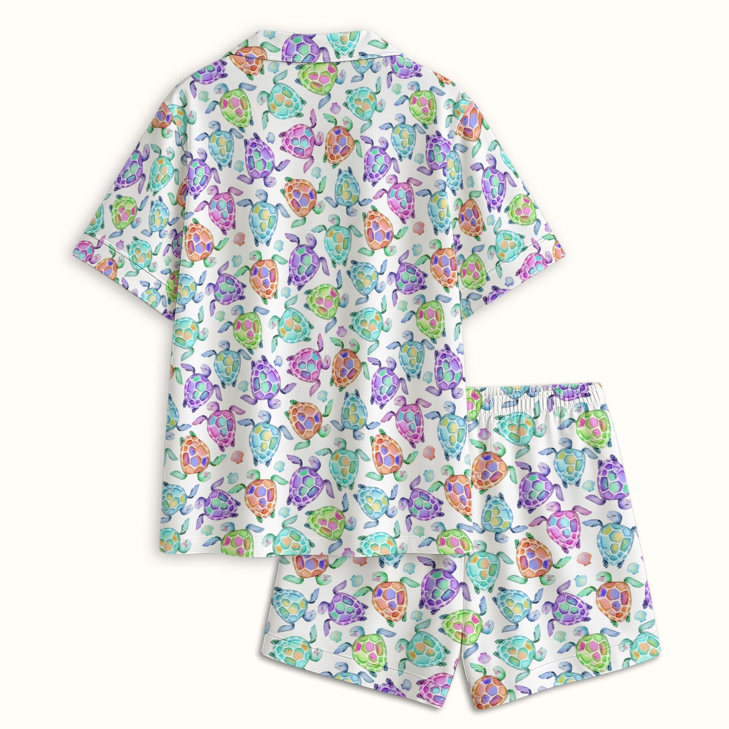 Colorful Sea Turtle Shell Pattern Pajama Set, Soft Breathable Fabric Comfortable Sleepwear