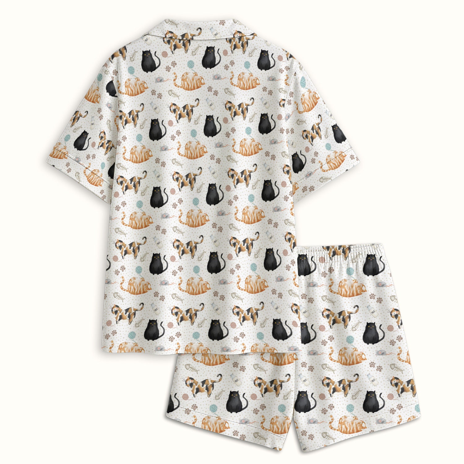 Cute Cat Yarn Paw Pattern Pajama Set, Soft Breathable Fabric Comfortable Sleepwear