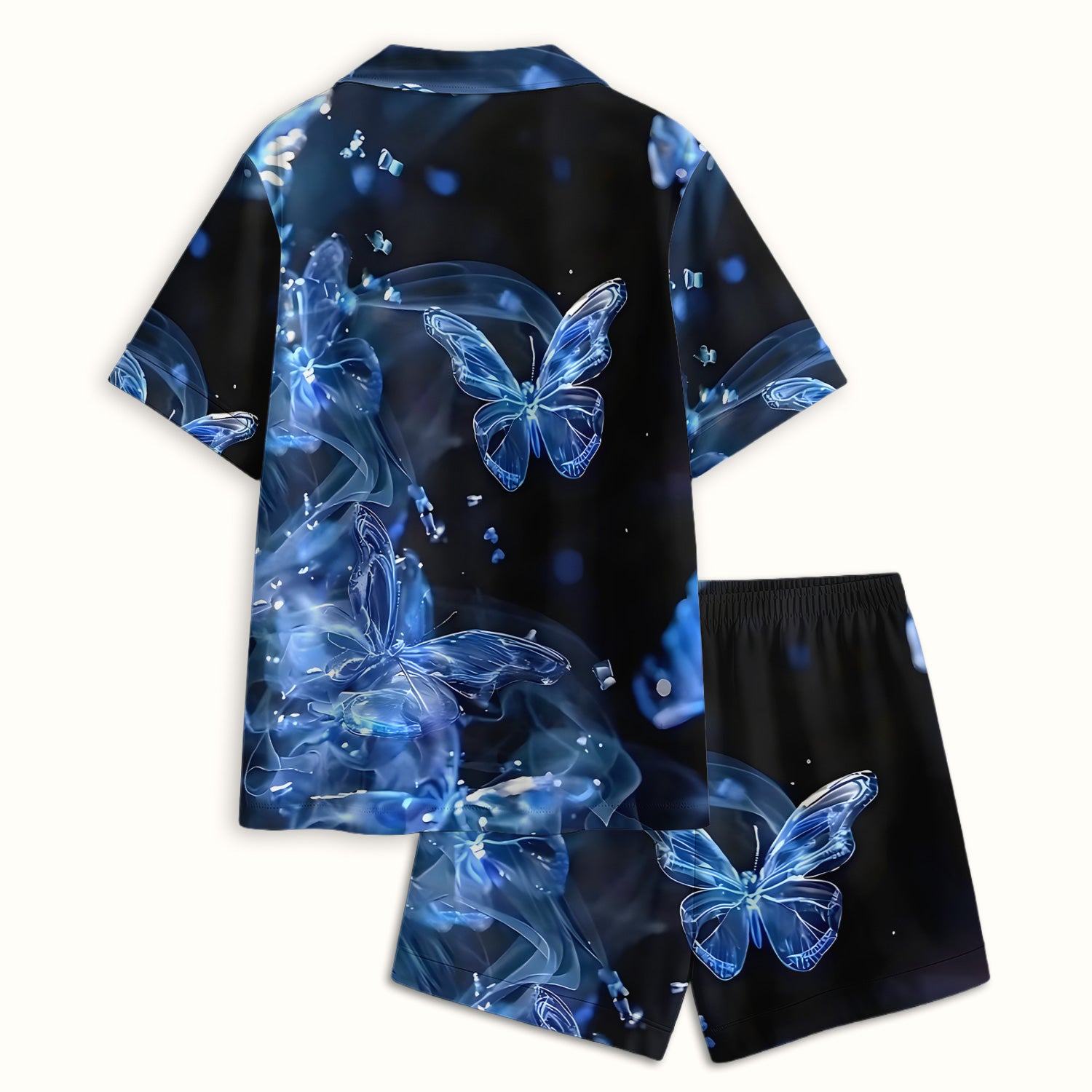 Glowing Blue Butterfly Garden Pattern Pajama Set, Soft Breathable Fabric Comfortable Sleepwear