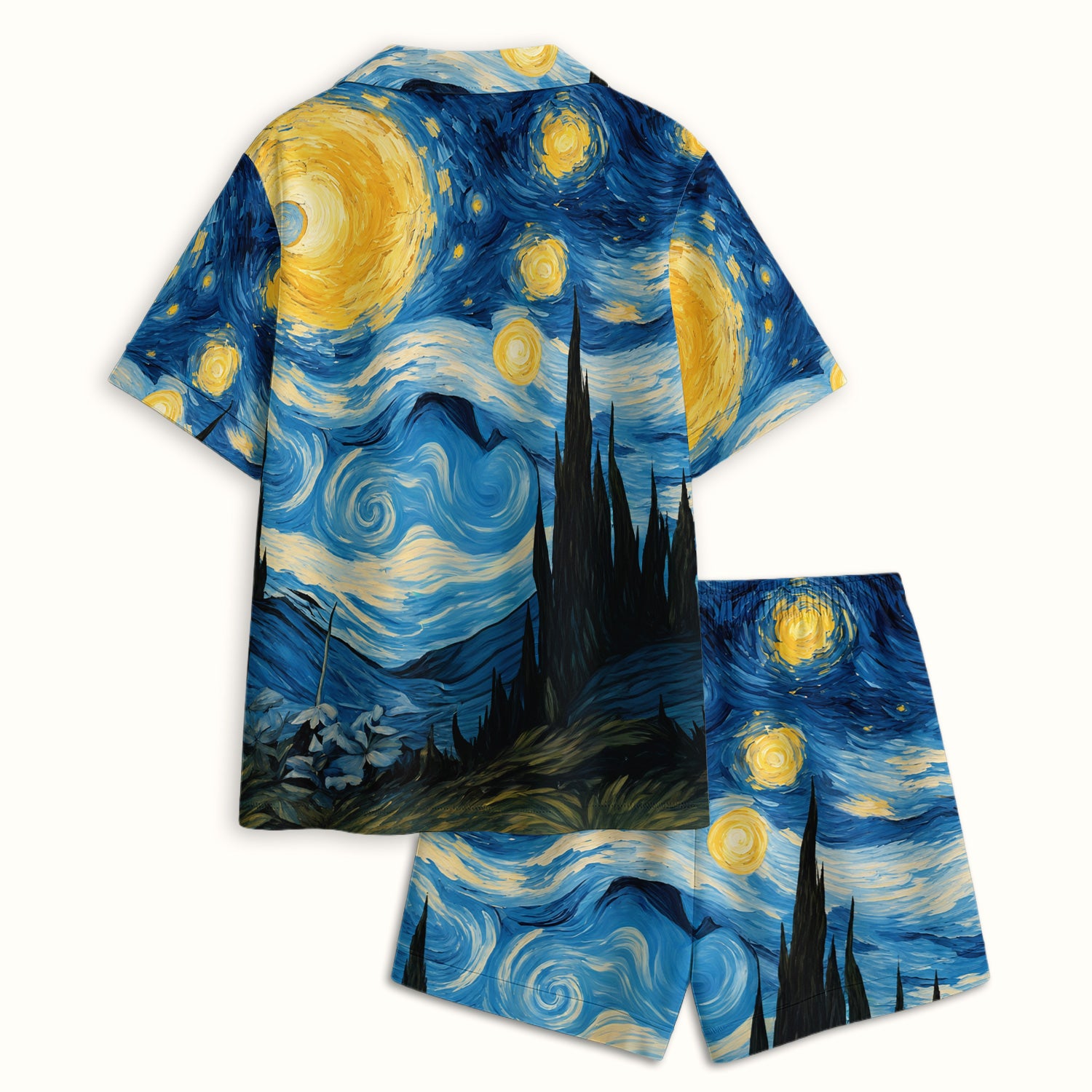 Swirling Moonlit Cat Scene Print Pajama Set, Soft Breathable Fabric Comfortable Sleepwear