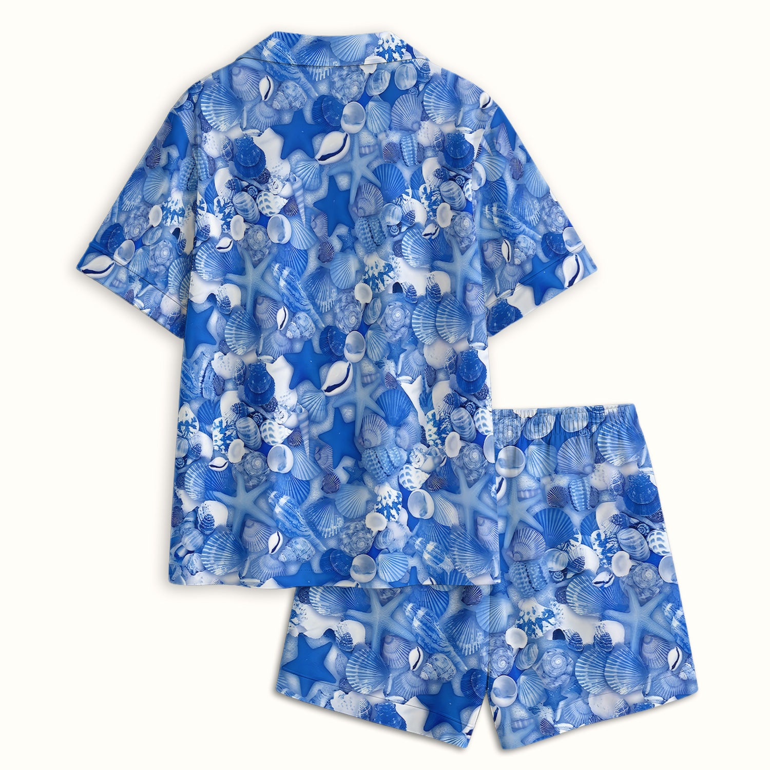 Blue Seashell Starfish Ocean Pattern Pajama Set, Soft Breathable Fabric Comfortable Sleepwear