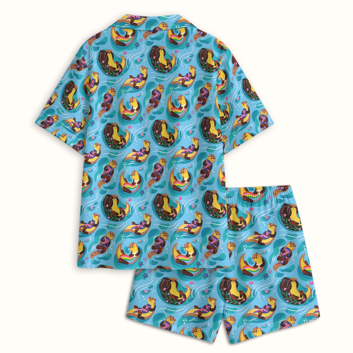 Otter Floating River Rainbow Pattern Pajama Set, Soft Breathable Fabric Comfortable Sleepwear