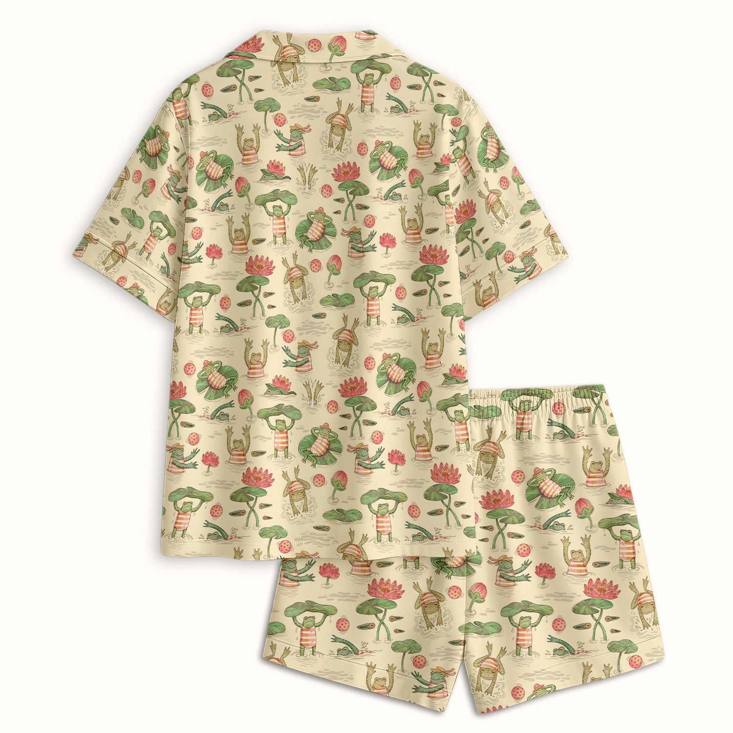 Cute Frogs Swimming Lily Pond Pattern Pajama Set, Soft Breathable Fabric Comfortable Sleepwear