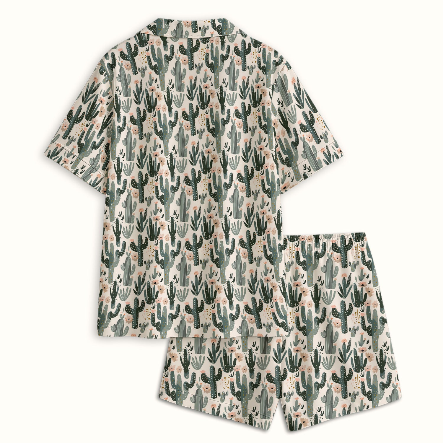Green Cactus Desert Blossom Pattern Pajama Set, Soft Breathable Fabric Comfortable Sleepwear