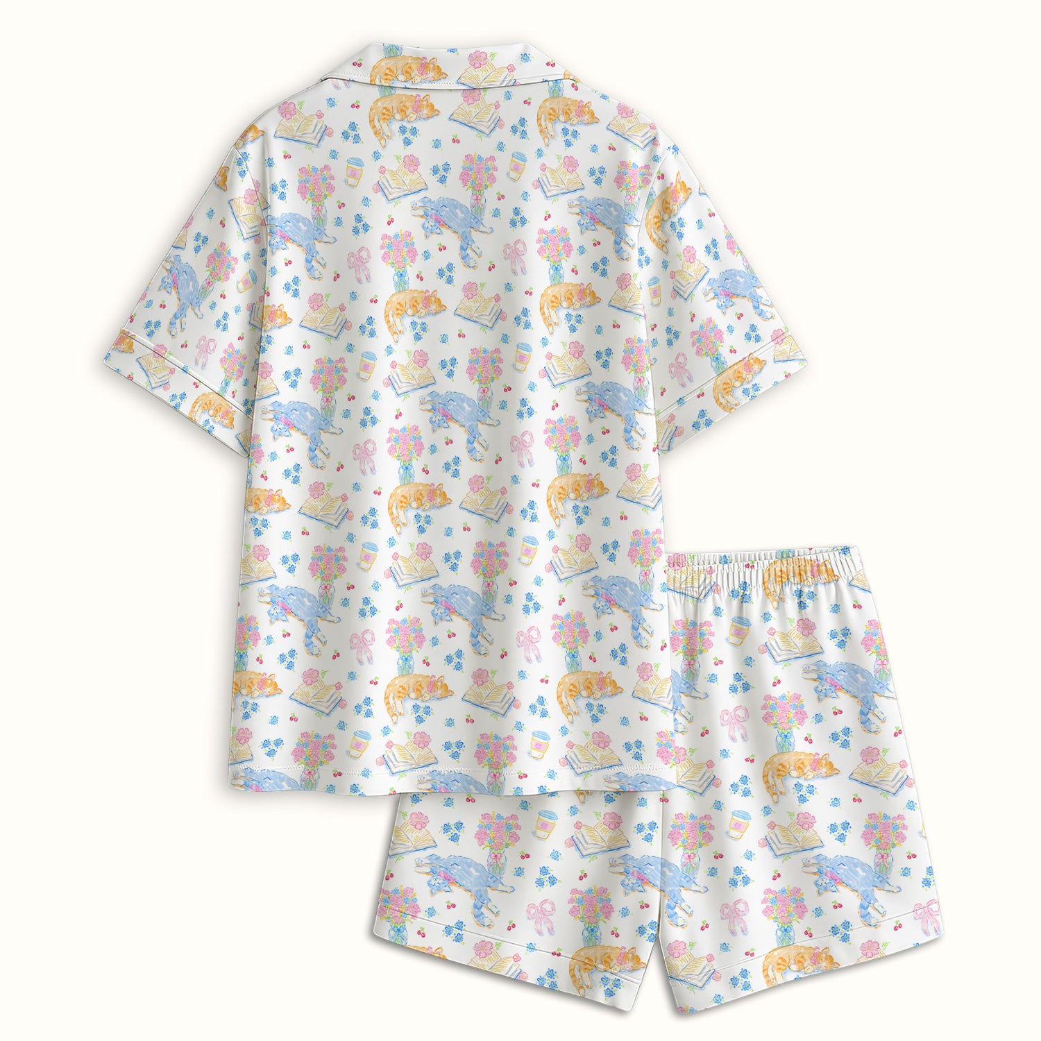 Cute Cats Reading Floral Books Pattern Pajama Set, Soft Breathable Fabric Comfortable Sleepwear