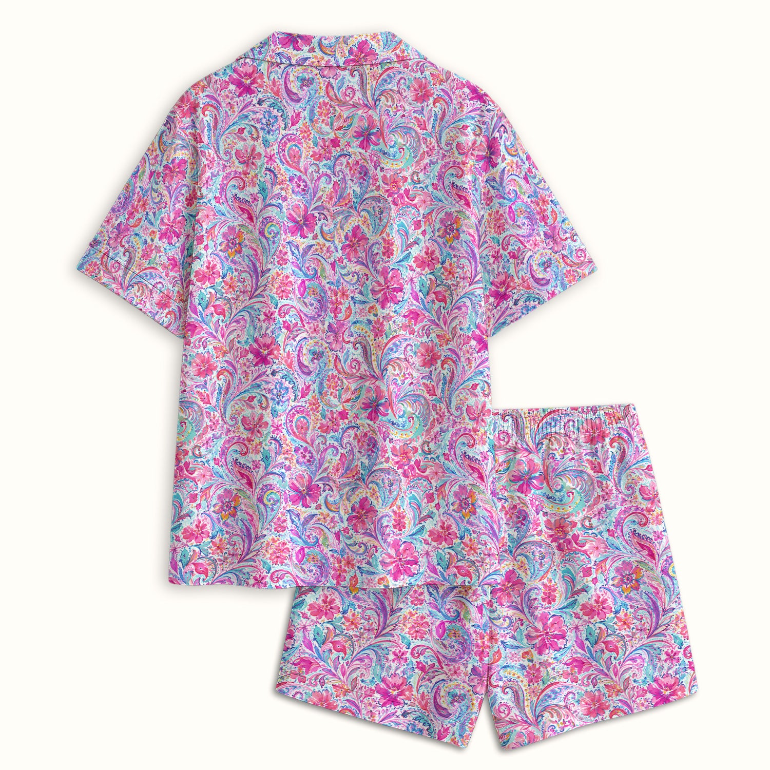 Elegant Pink Paisley Blossom Pattern Pajama Set, Soft Breathable Fabric Comfortable Sleepwear
