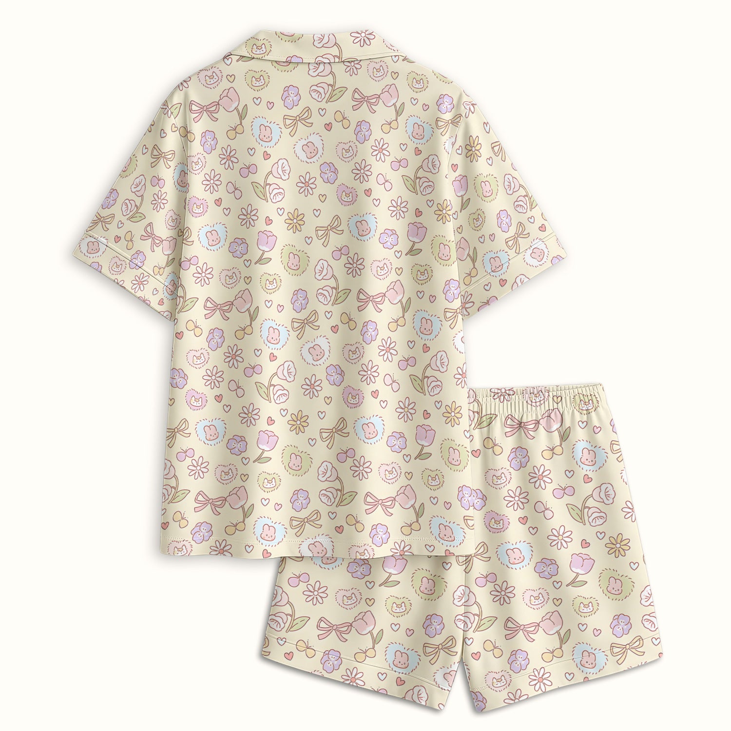 Pastel Bunny Flower Heart Pattern Nurse Pajama Set, Soft Breathable Fabric Comfortable Sleepwear