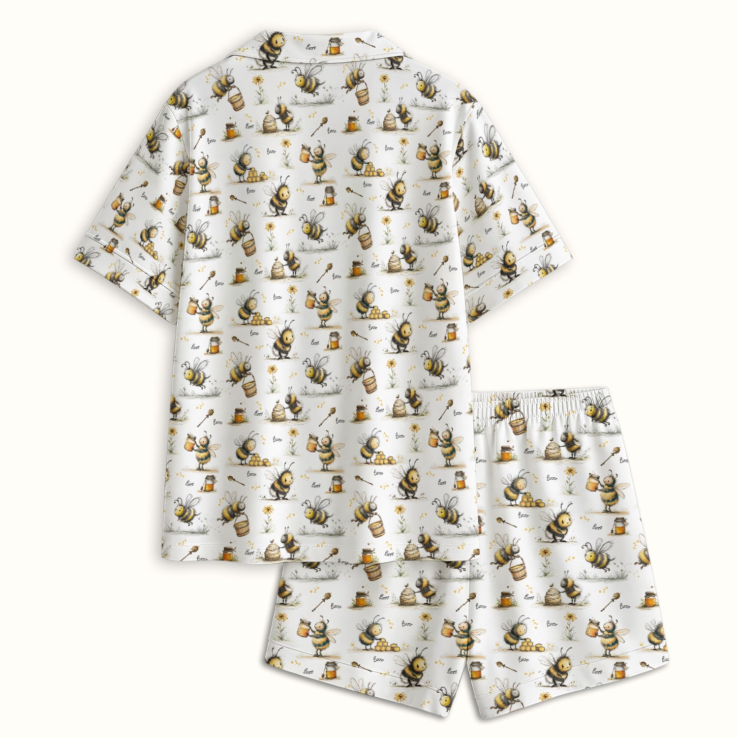 Cute Honey Bee Jar Garden Pattern Pajama Set, Soft Breathable Fabric Comfortable Sleepwear