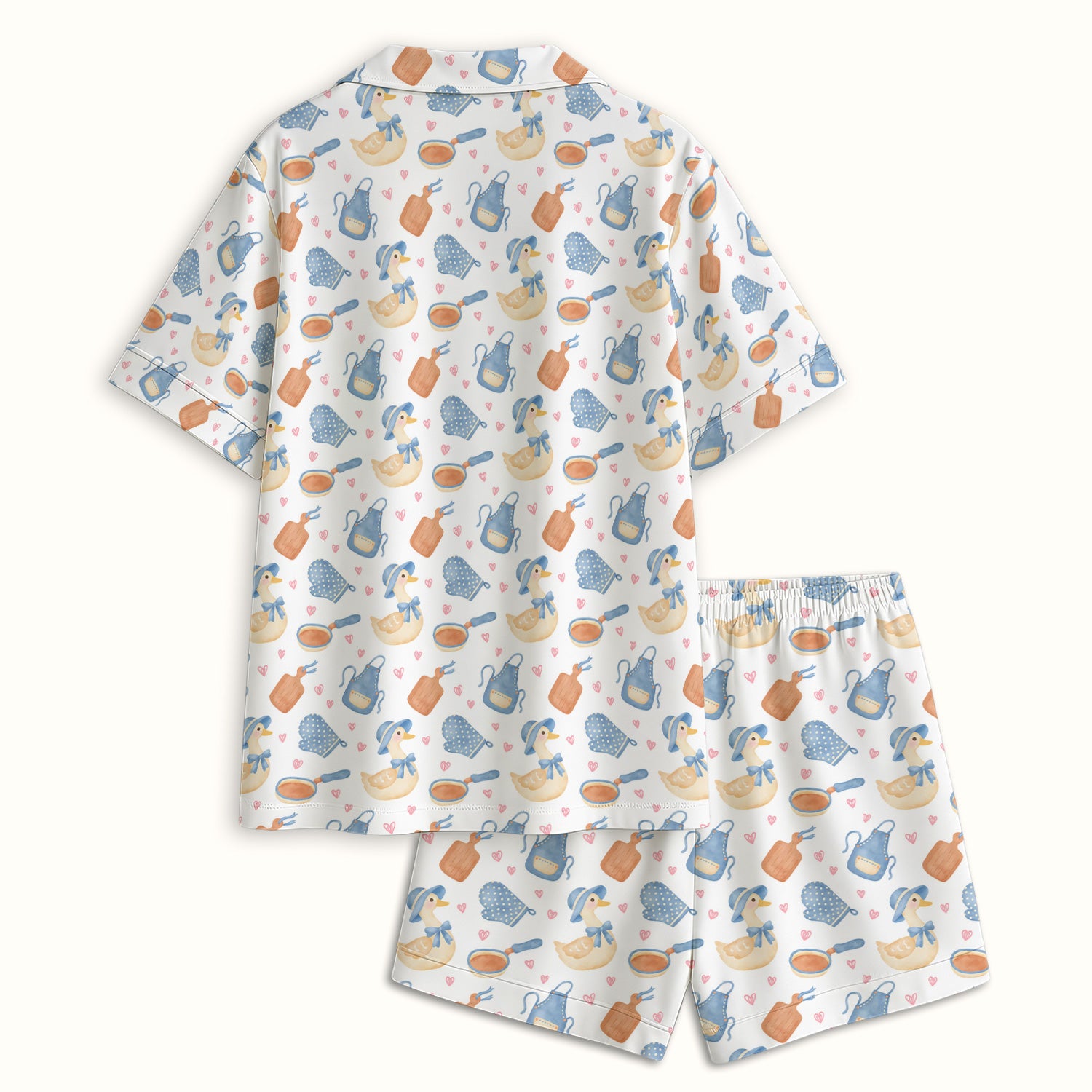 Duck Apron Kitchen Utensil Heart Pattern Pajama Set, Soft Breathable Fabric Comfortable Sleepwear