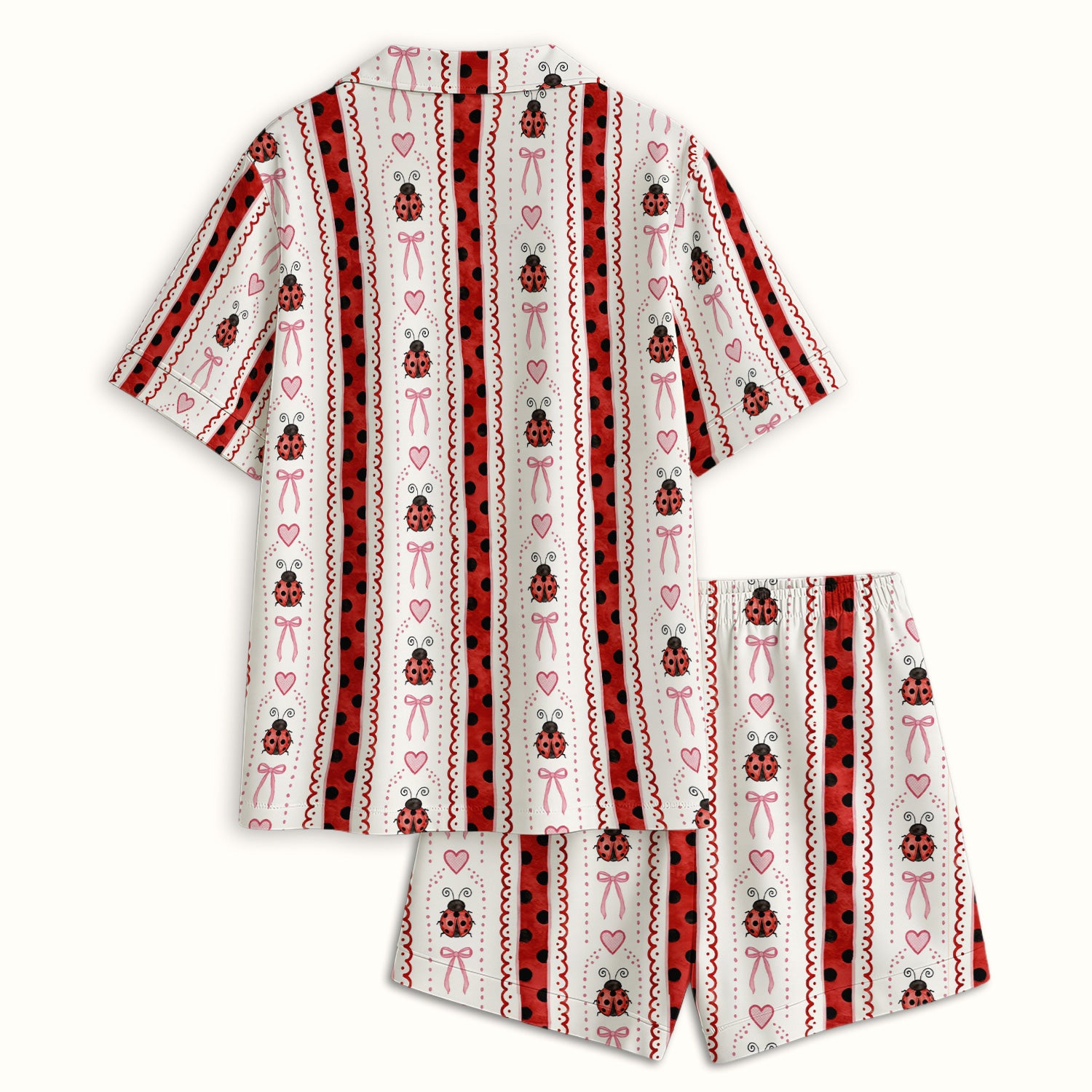 Cute Ladybug Heart Bow Stripe Pattern Pajama Set, Soft Breathable Fabric Comfortable Sleepwear