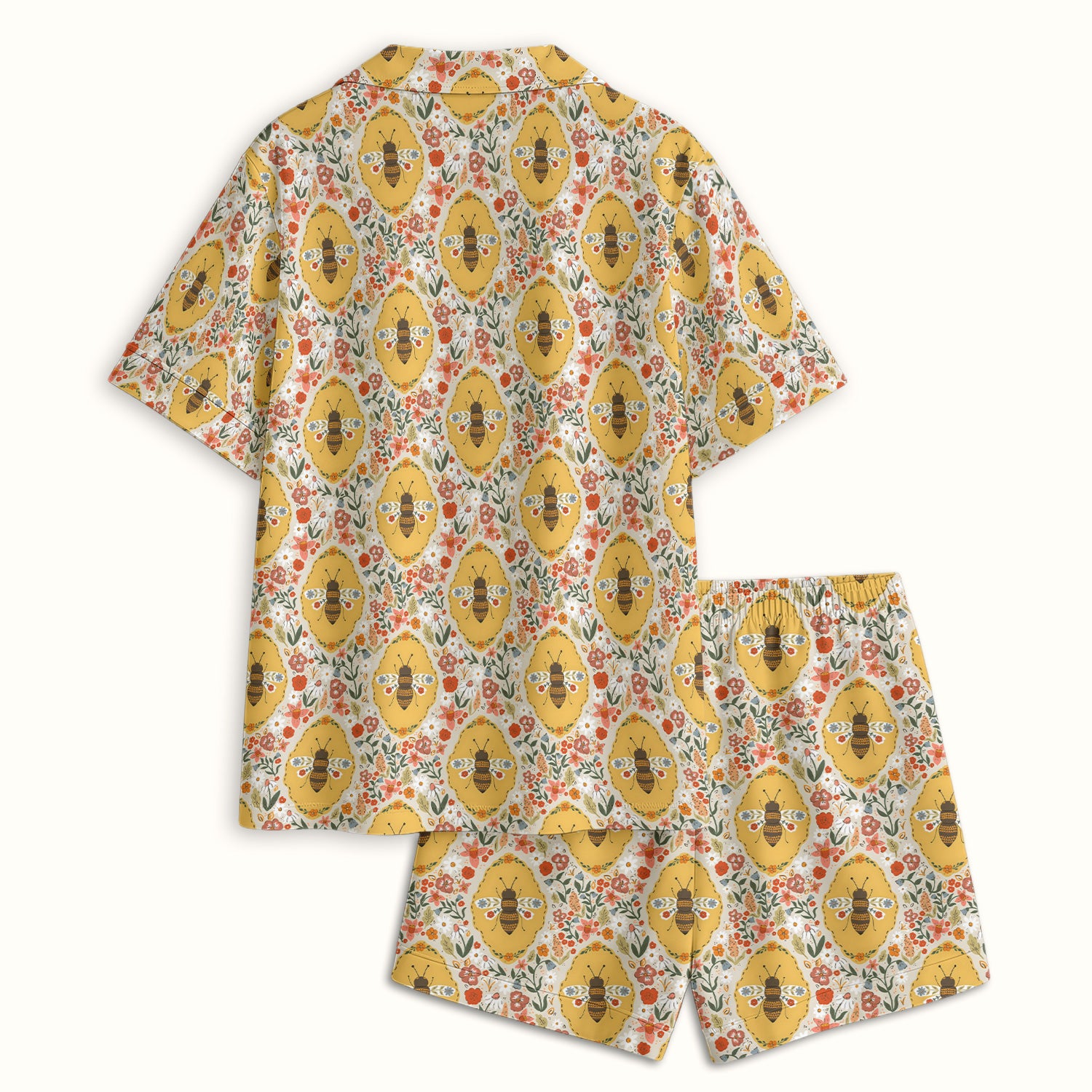 Vintage Honeybee Floral Garden Pattern Nurse Pajama Set, Soft Breathable Fabric Comfortable Sleepwear