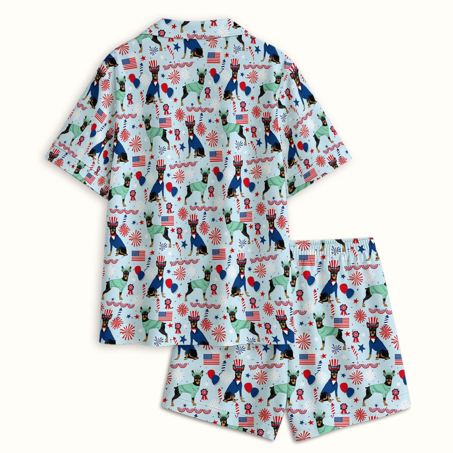 Patriotic Doberman Liberty Fireworks Pattern Pajama Set, Soft Breathable Fabric Comfortable Sleepwear