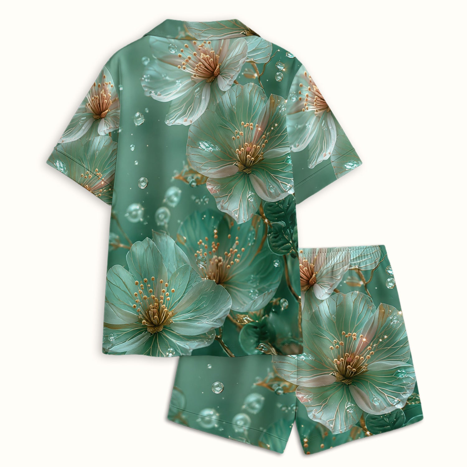 Elegant Mint Blossom Dewdrop Pattern Pajama Set, Soft Breathable Fabric Comfortable Sleepwear