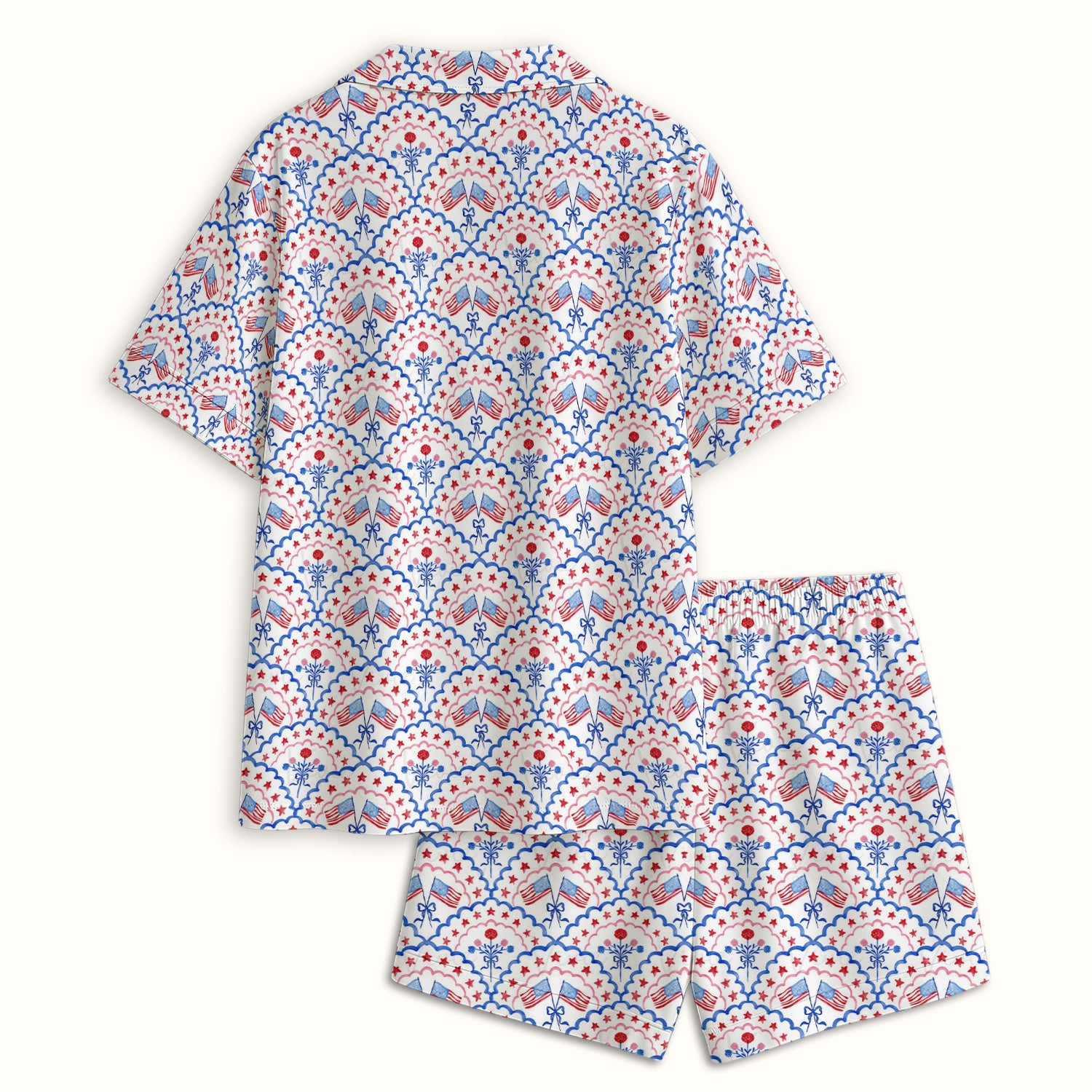 Patriotic Scallop Star Flag Floral Pattern Pajama Set, Soft Breathable Fabric Comfortable Sleepwear