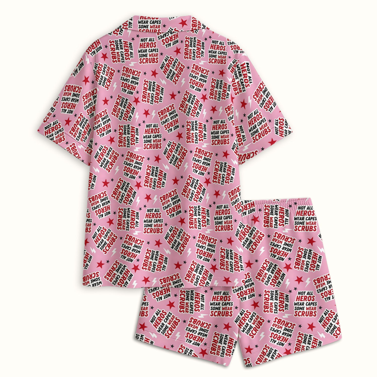 Not All Heroes Wear Scrubs Quote Stars Lightning Pattern Pajama Set, Breathable Fabrics Uniform