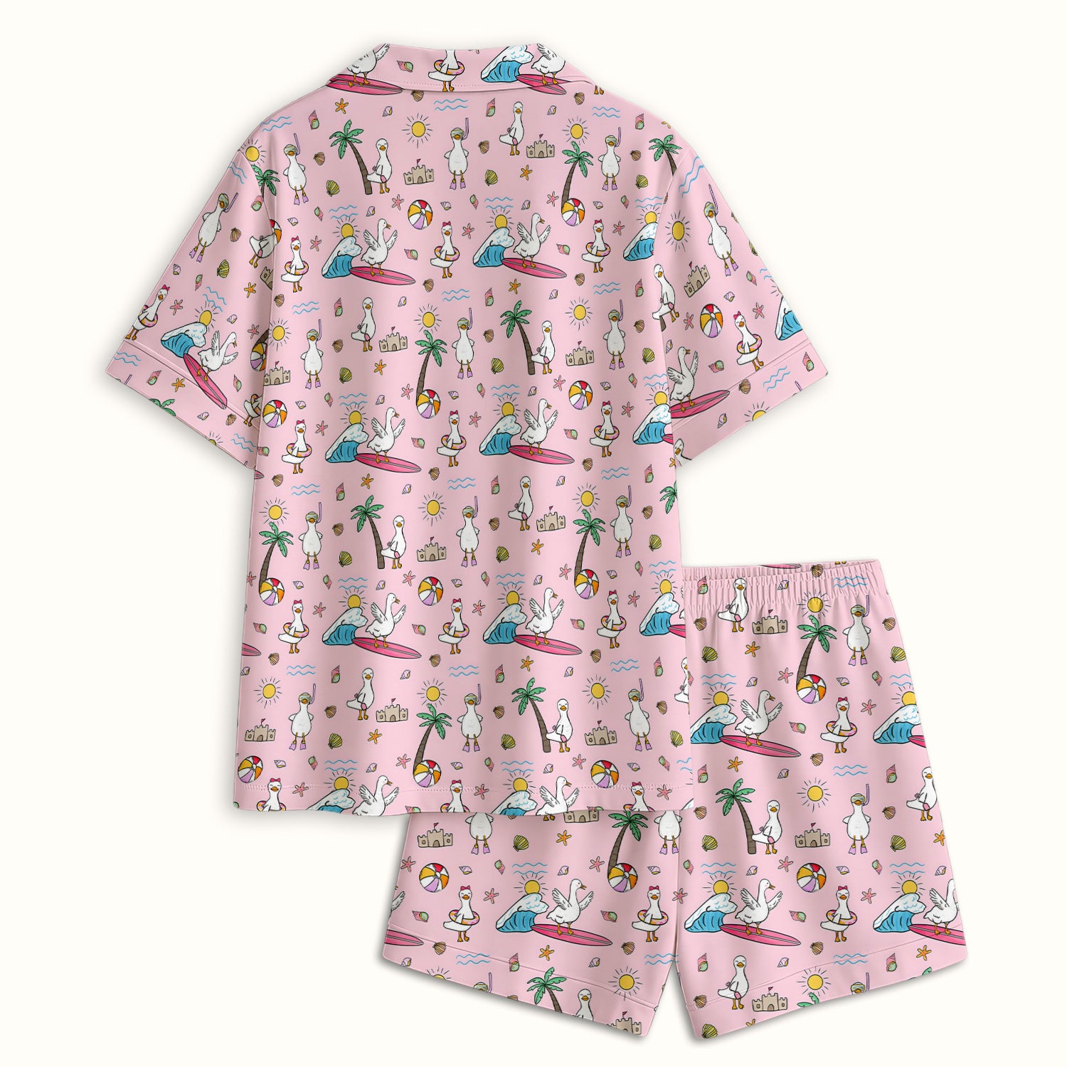 Cute Nurse Seagull Surfboard Beach Palm Tree Pattern Pajama Set, Soft Breathable Fabric Comfortable Sleepwear