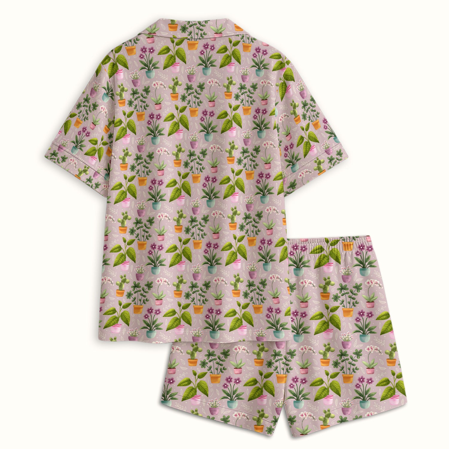 Potted Plant Orchid Cactus Pattern Pajama Set, Soft Breathable Fabric Comfortable Sleepwear