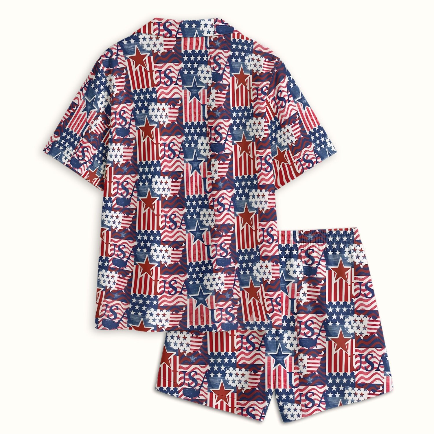 Patriotic USA Star Patchwork Pattern Pajama Set, Soft Breathable Fabric Comfortable Sleepwear