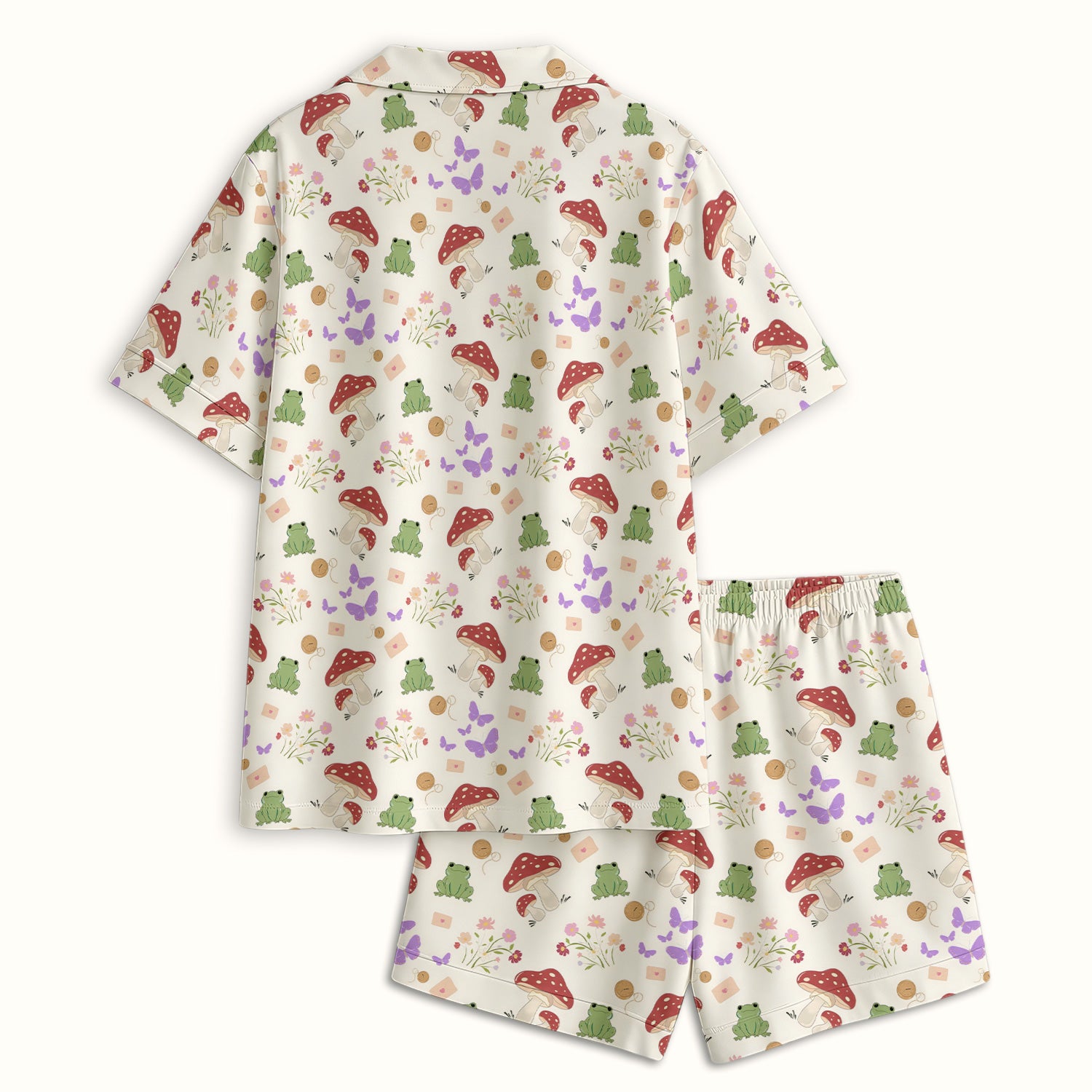 Adorable Nurse Frog and Mushroom Garden Print Pajama Set, Soft Breathable Fabric Comfortable Sleepwear