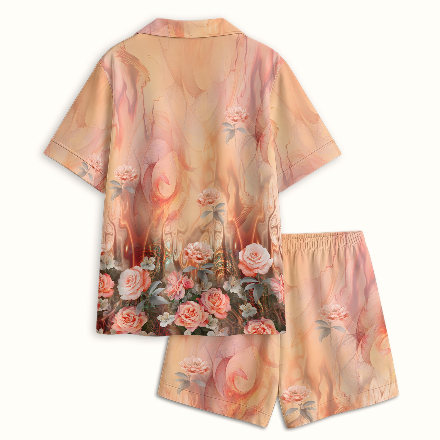 Elegant Peach Marble Rose Pattern Pajama Set, Soft Breathable Fabric Comfortable Sleepwear