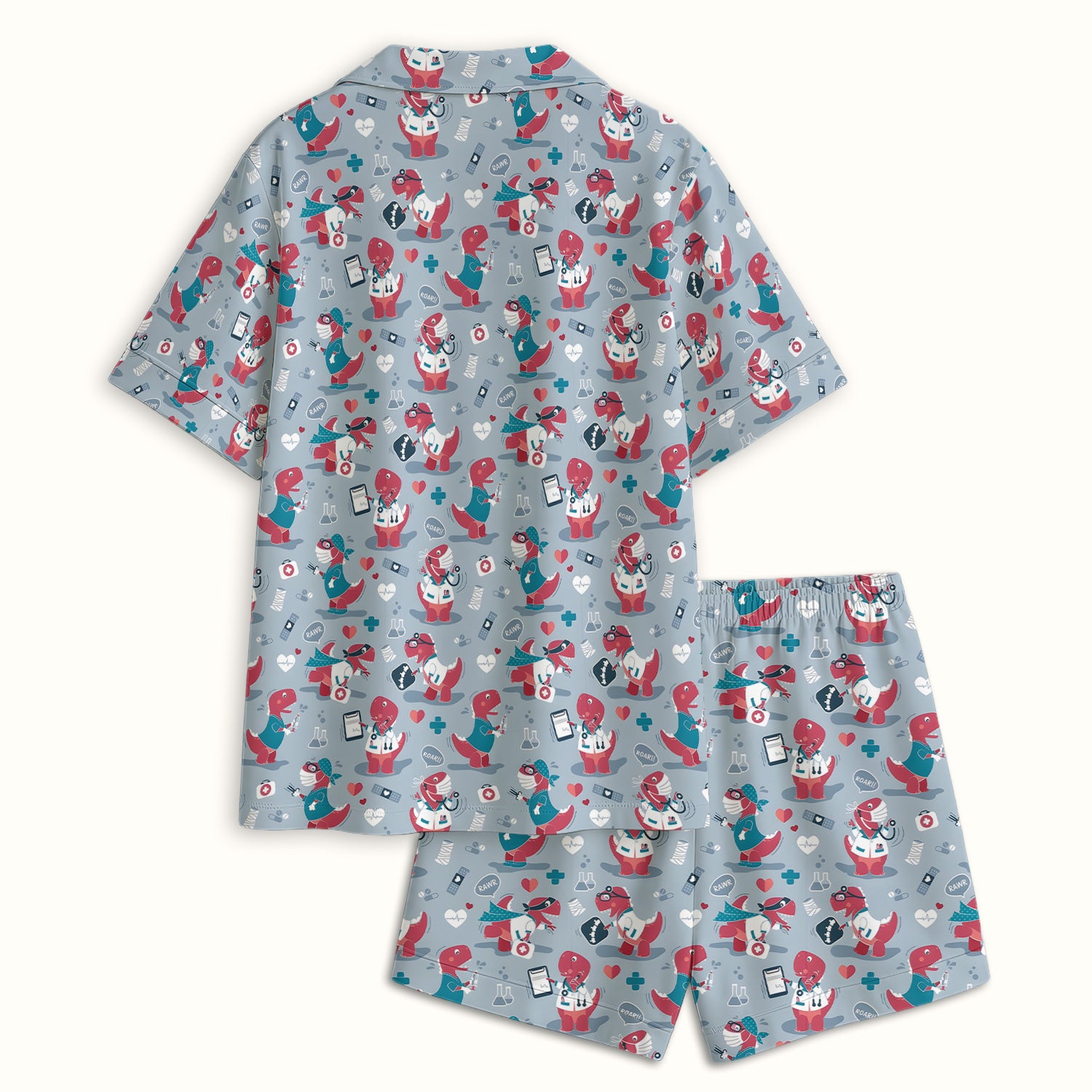 Cute Dinosaur Doctor Medical Pattern Pajama Set, Breathable Fabrics Uniform