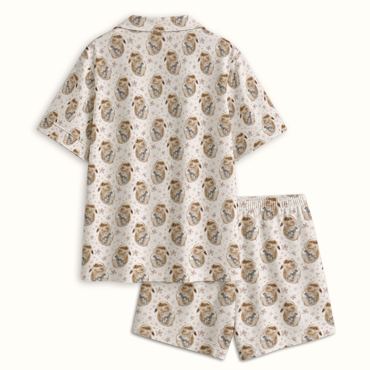 Cute Sleeping Bunny Floral Meadow Pattern Nurse Pajama Set, Soft Breathable Fabric Comfortable Sleepwear