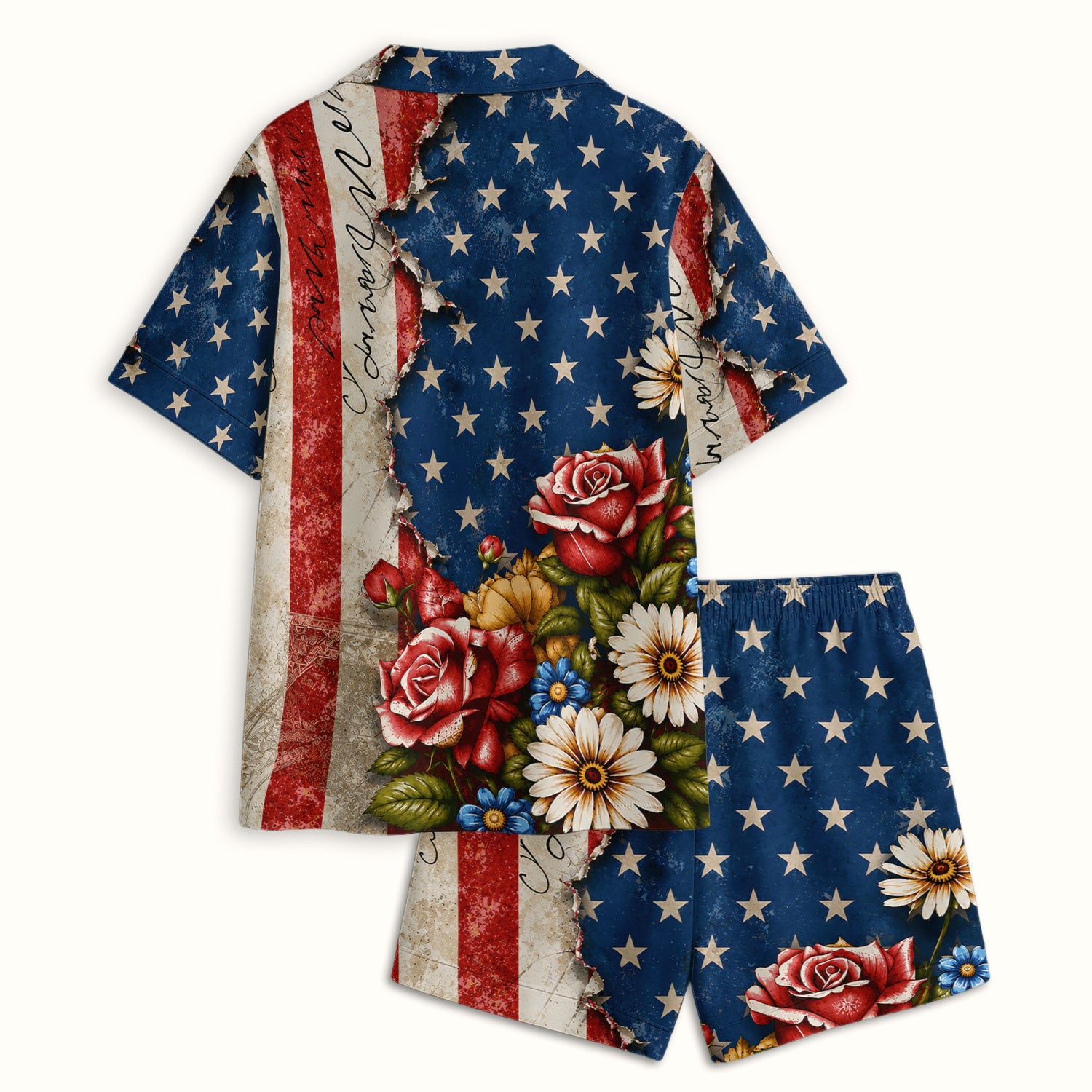 American Flag Vintage Rose Floral Pattern Pajama Set, Soft Breathable Fabric Comfortable Sleepwear