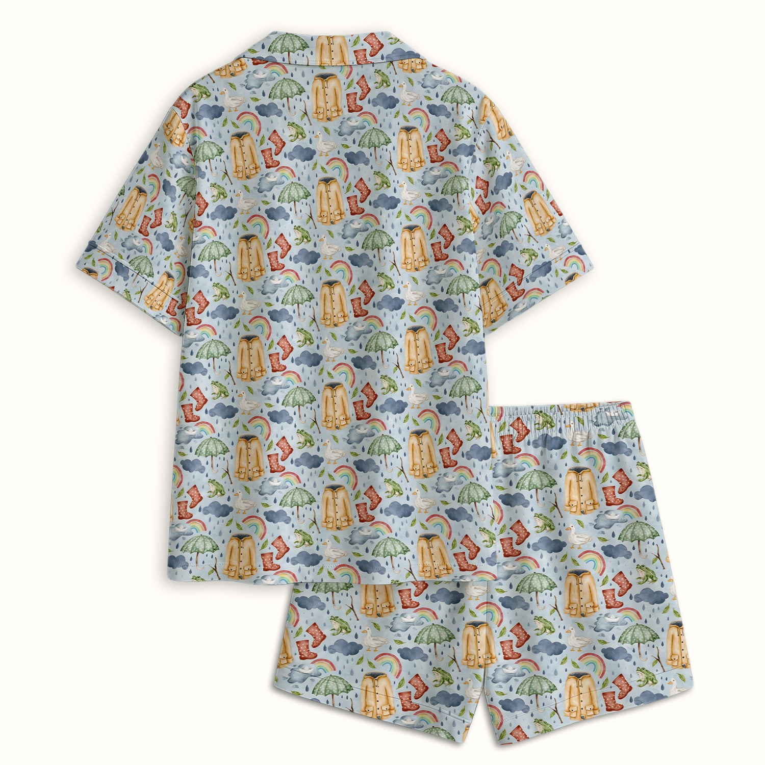 Cute Rainy Day Ducks & Frog Rainbow Pattern Pajama Set, Soft Breathable Fabric Comfortable Sleepwear