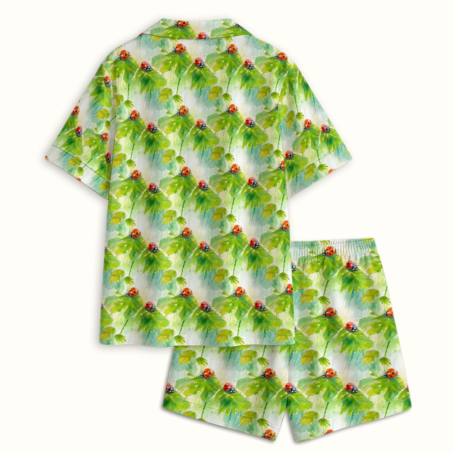 Ladybugs On Rainy Leaves Pattern Pajama Set, Soft Breathable Fabric Comfortable Sleepwear
