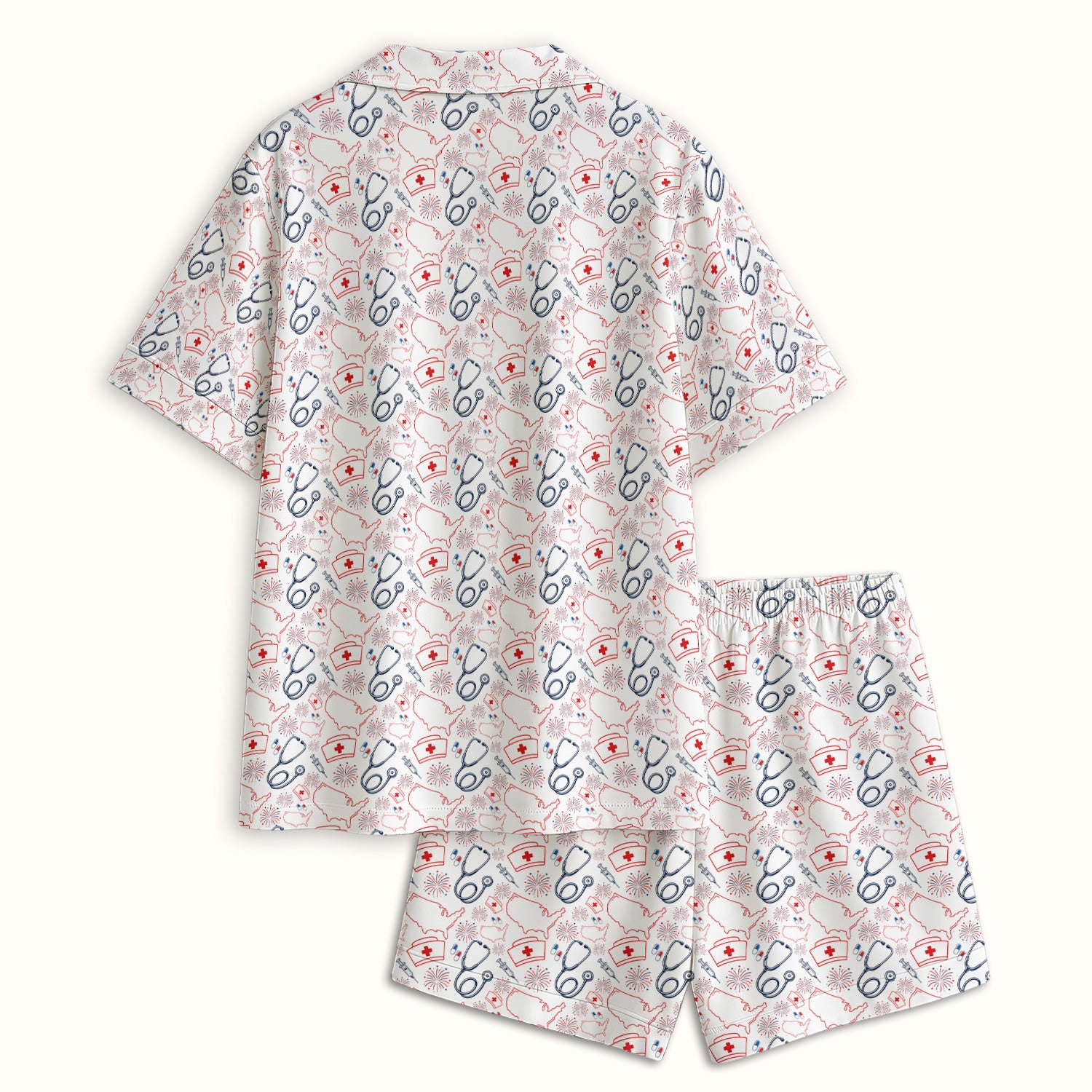 Patriotic Nurse Stethoscope Flag Pattern Pajama Set, Soft Breathable Fabric Comfortable Sleepwear