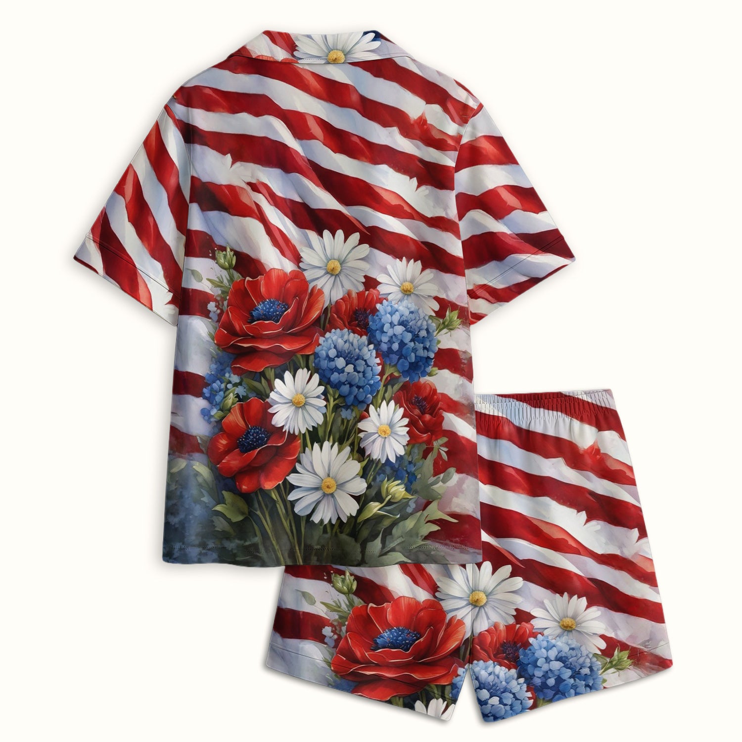 Festive US Flag Floral Bouquet Pattern Pajama Set, Soft Breathable Fabric Comfortable Sleepwear